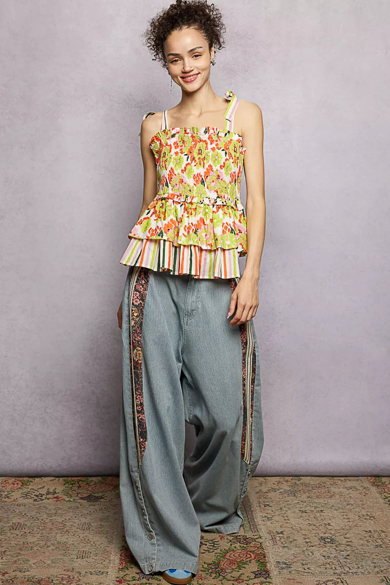 POL Floral Smocked Ruffled Cami with Tie Shoulder Straps - Lilixa.store