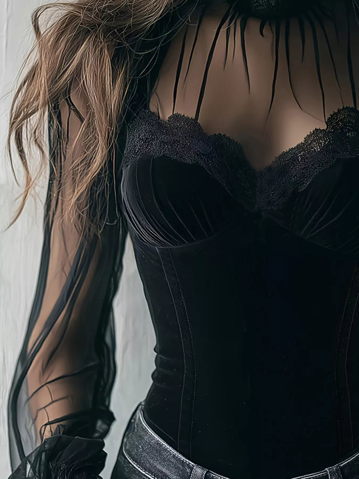 Lace Trim Velvet Sheer Sleeve Blouse - Lilixa.store