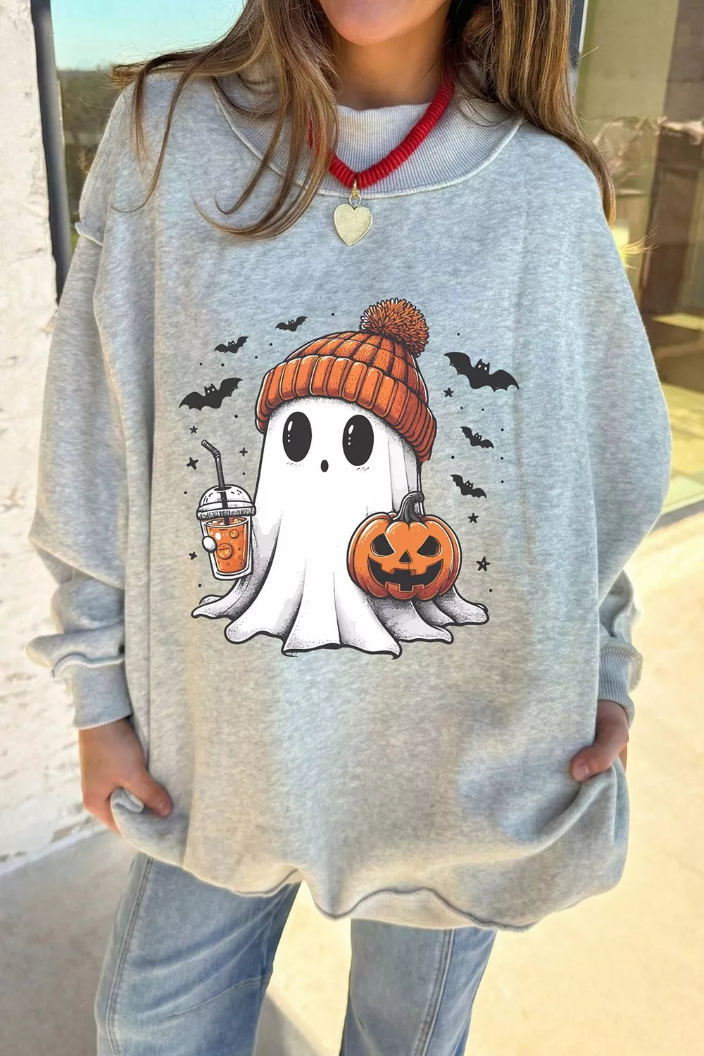 Reversible Halloween Graphic Mock Neck Tunic Sweatshirt - Lilixa.store