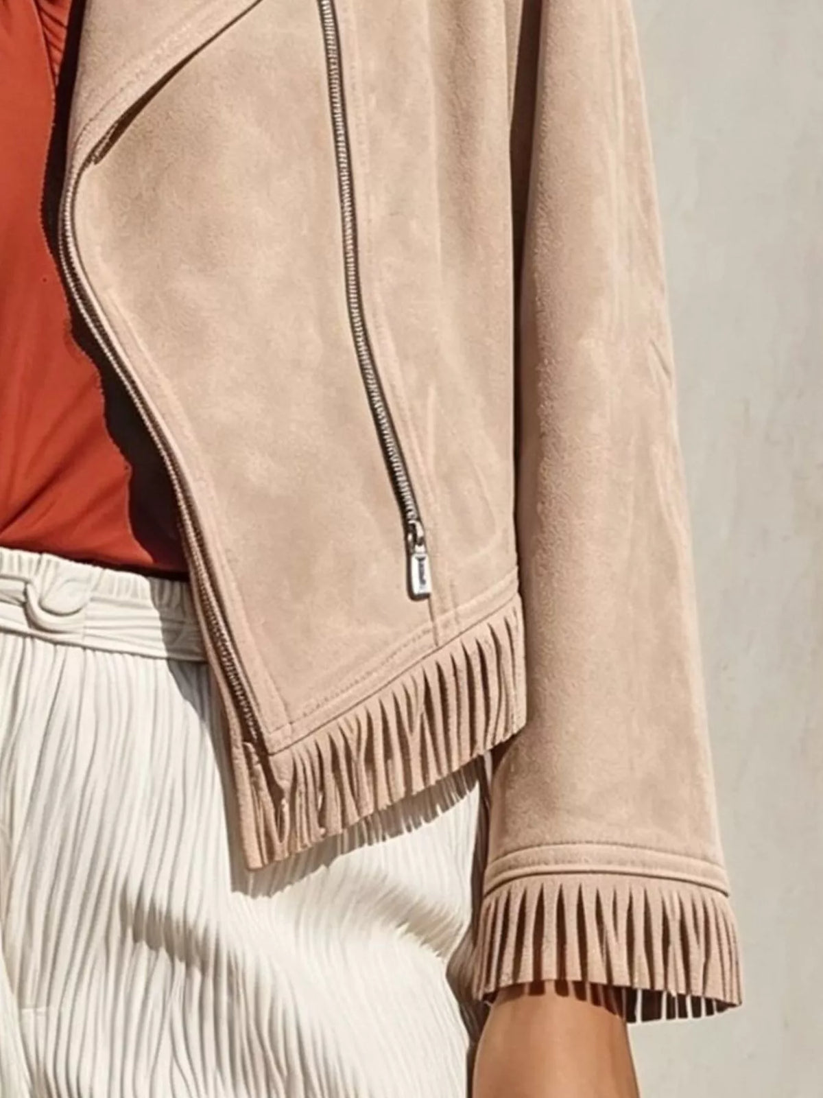 Fringe Hem Zip Up Jacket