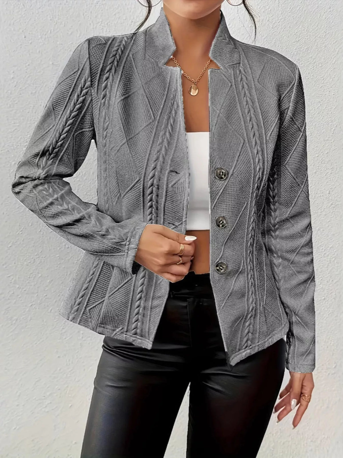 Textured Knit Button-Front Blazer - Lilixa.store