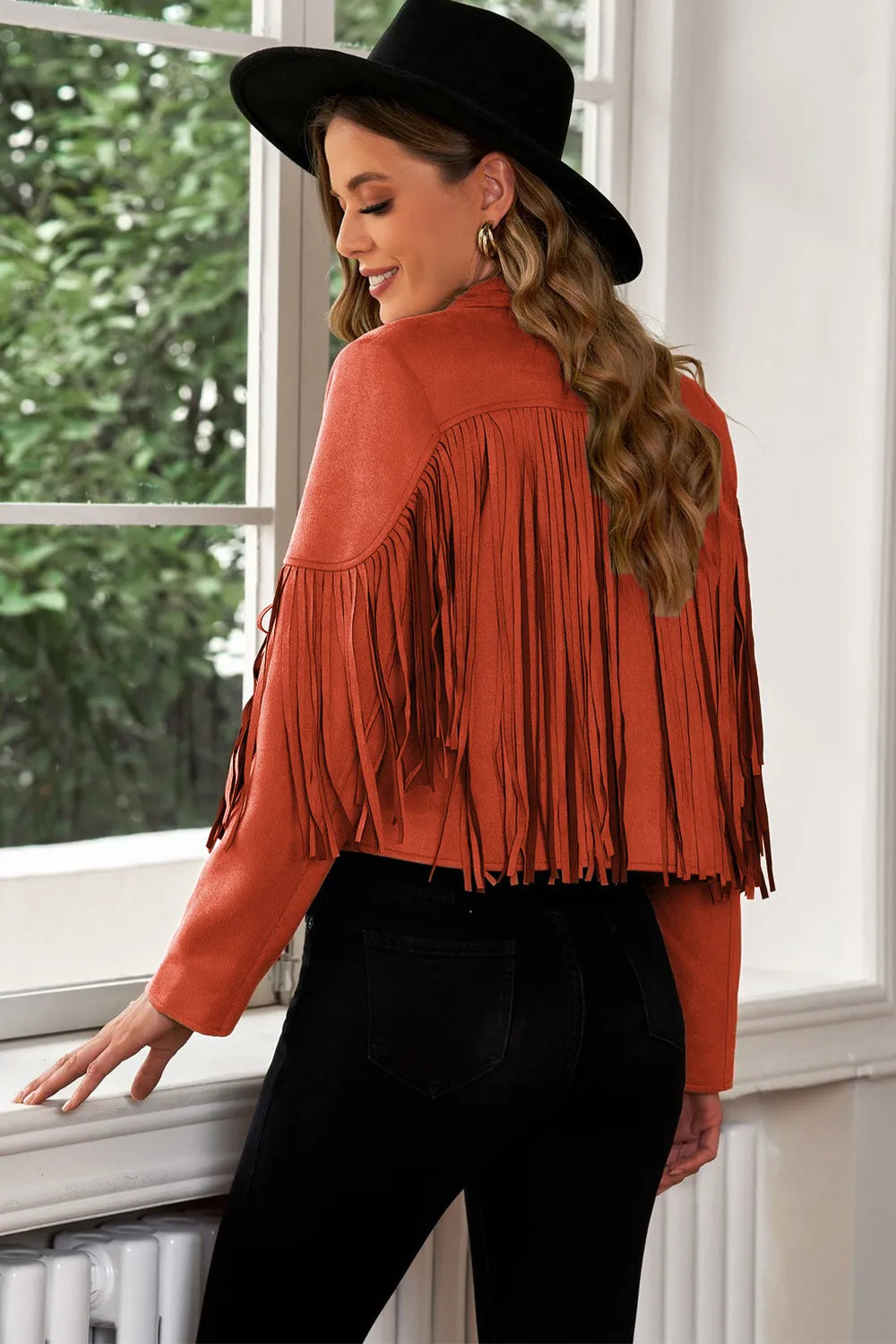 Fringe Trim Lapel Collar Cropped Blazer, view 13