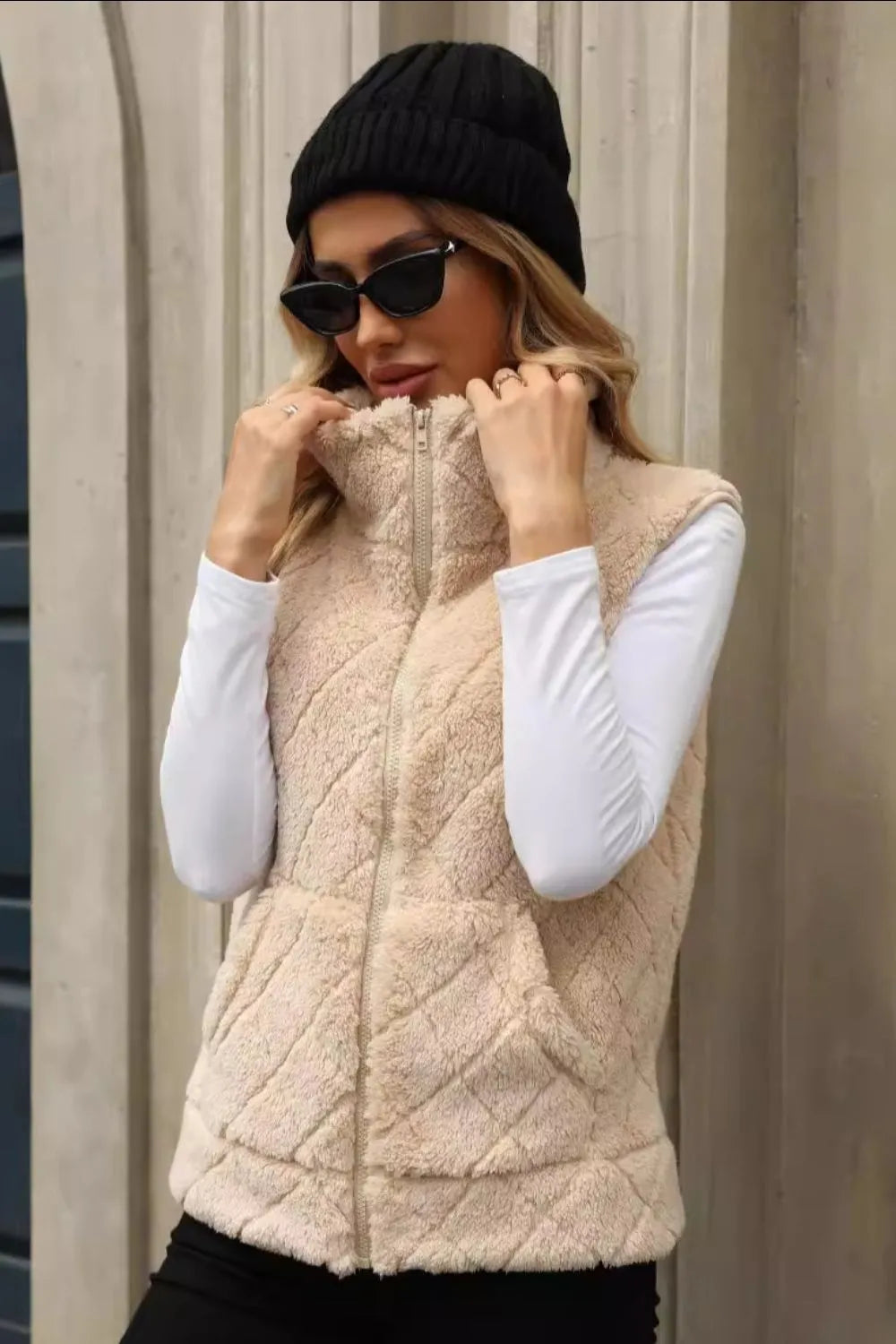 Fuzzy Plaid Texture Zip Up Vest Coat, view 4