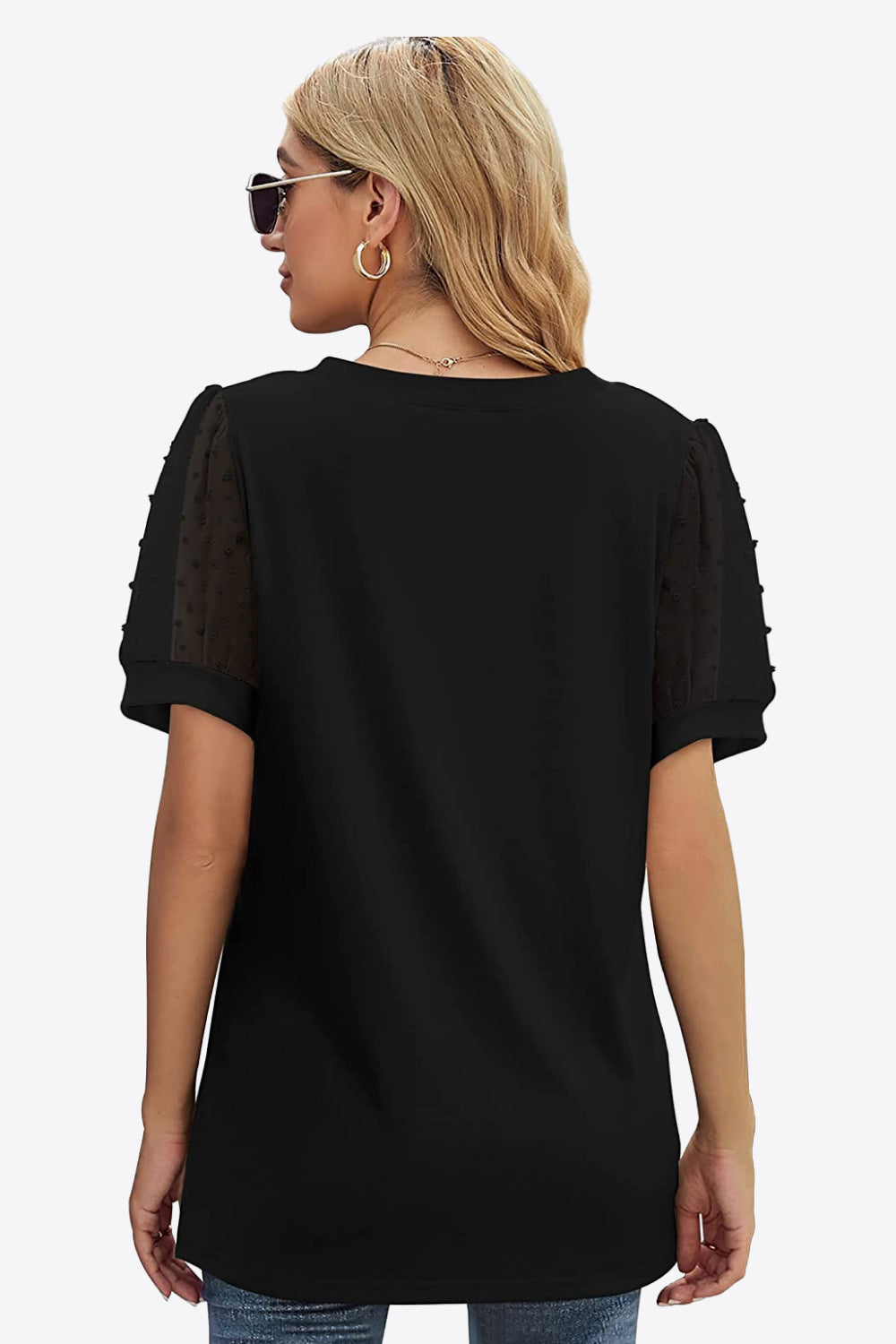 Swiss Dot Puff Sleeve V-Neck Tee - Lilixa.store
