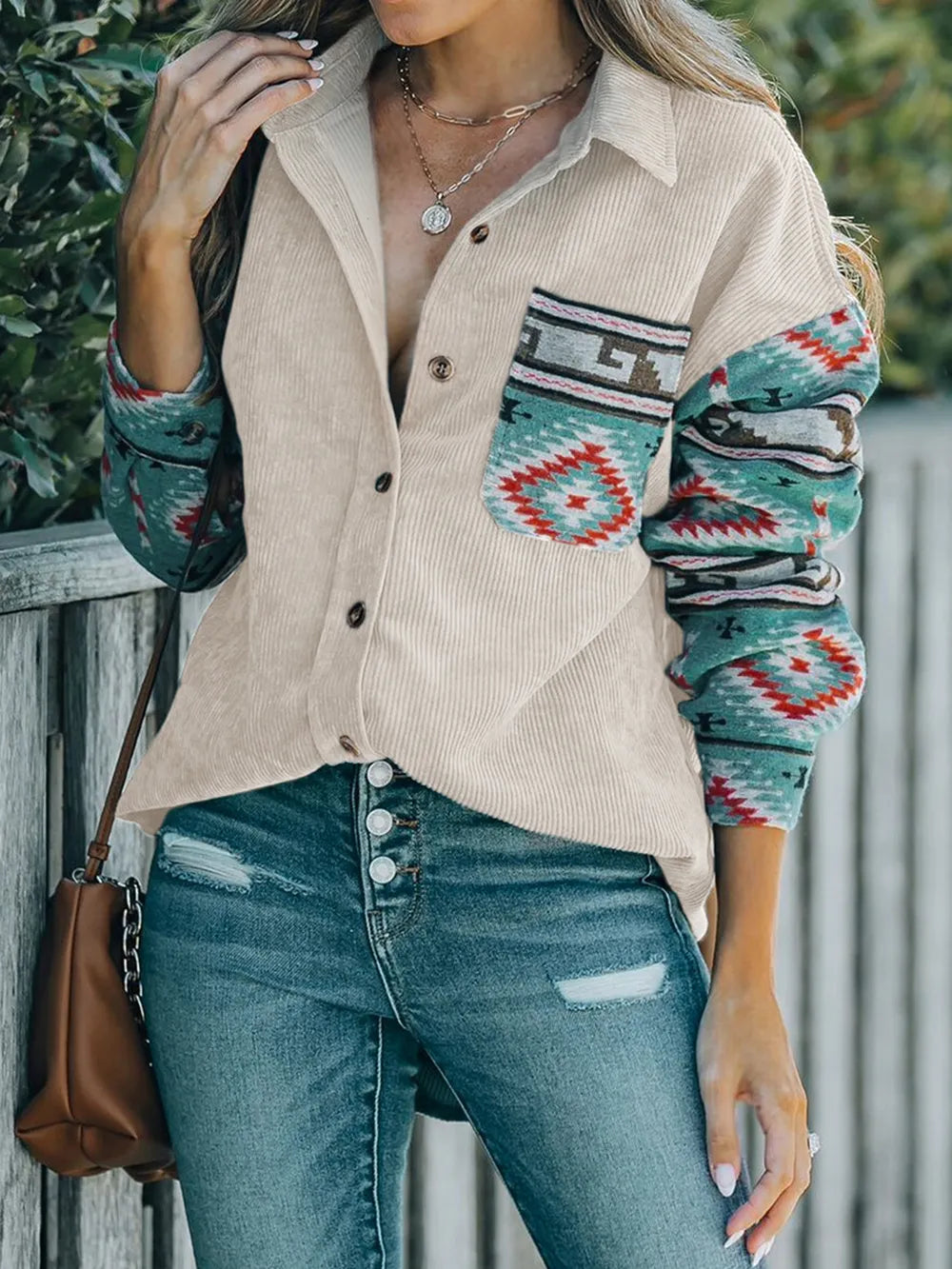 Perfee Pocketed Geometric Collared Neck Shacket in Dust Storm