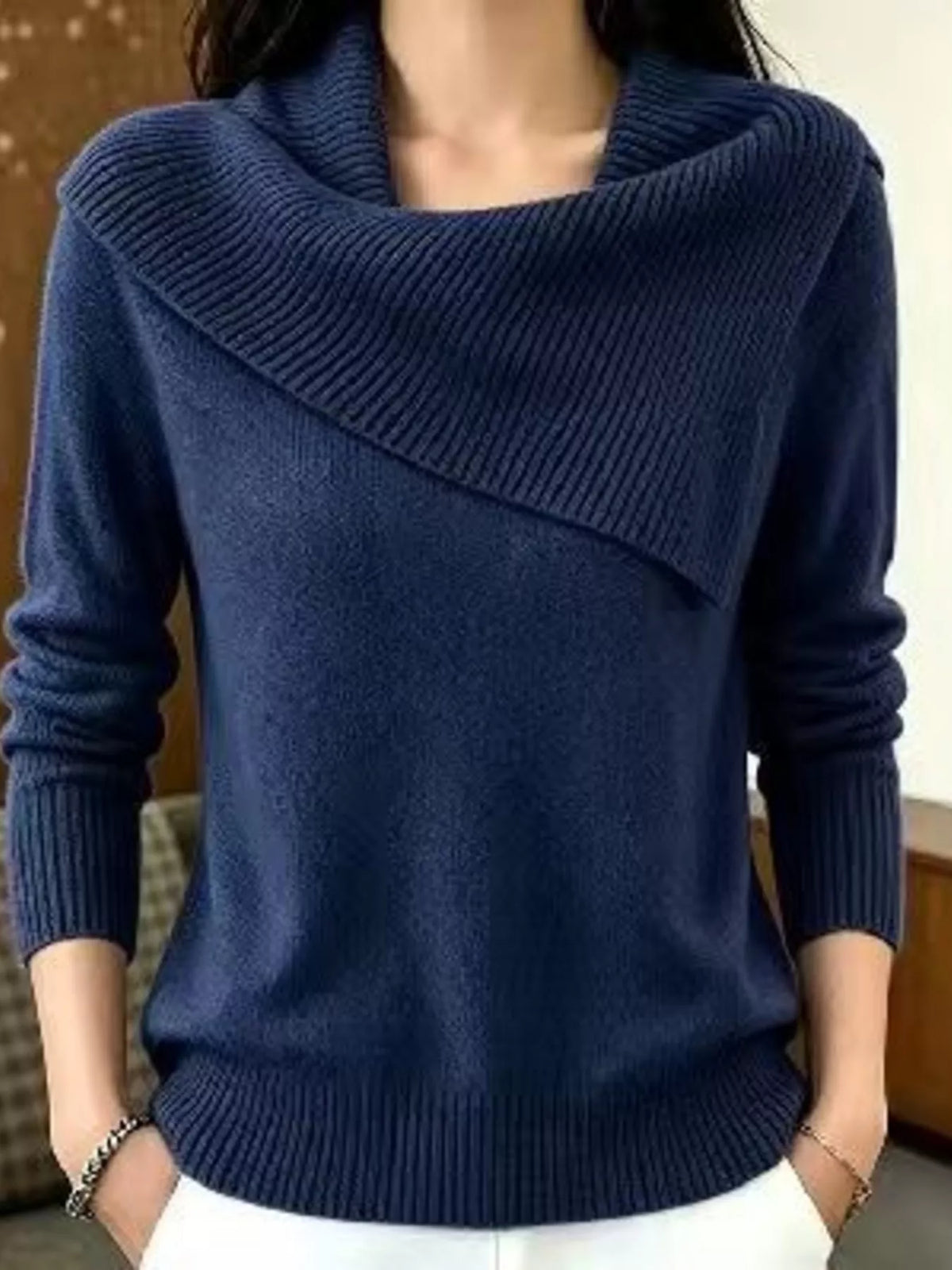 Full Size Asymmetric Ribbed Collar Sweater Plus Size