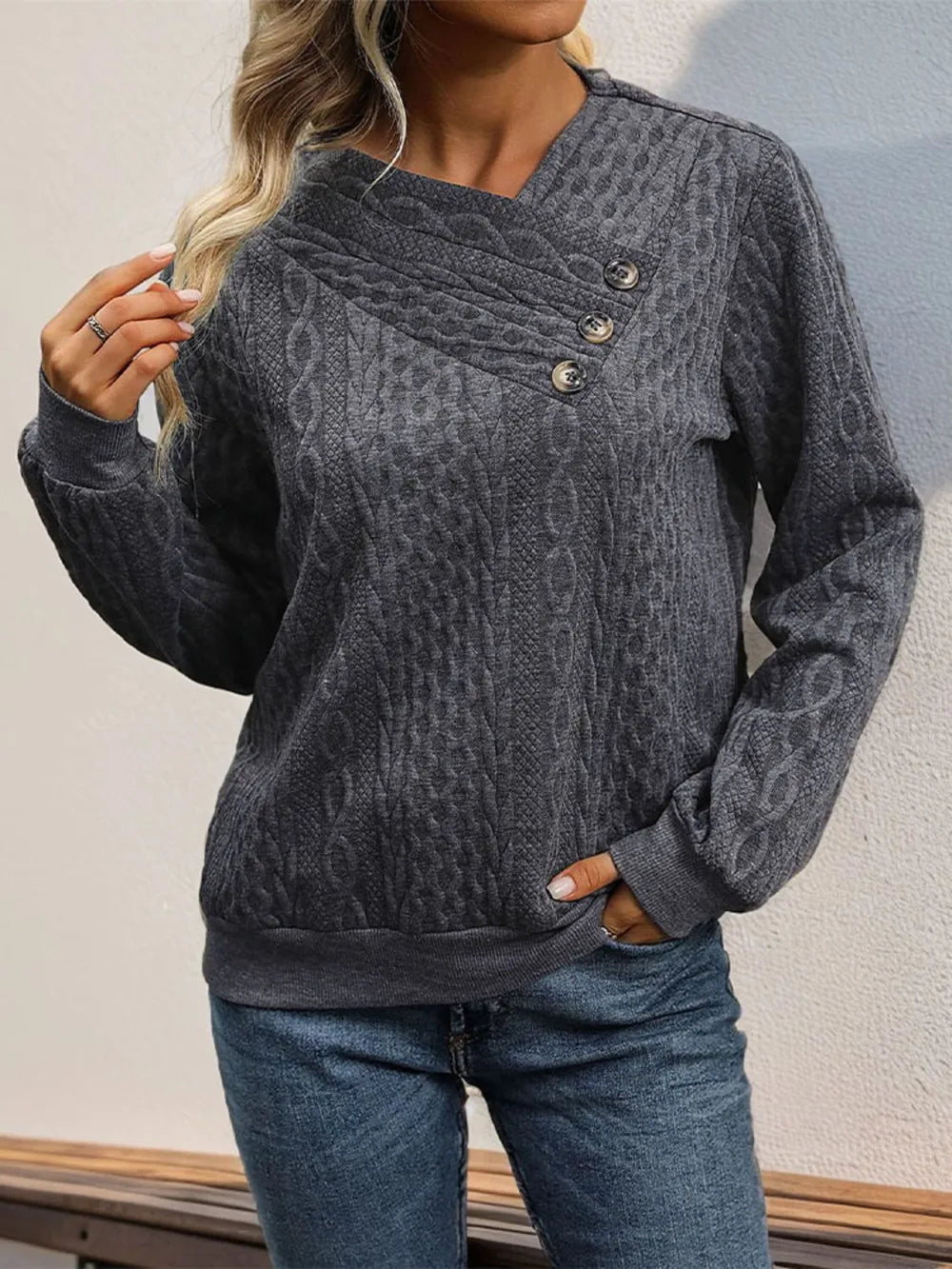 Perfee Decorative Button Long Sleeve Sweatshirt - Lilixa.store
