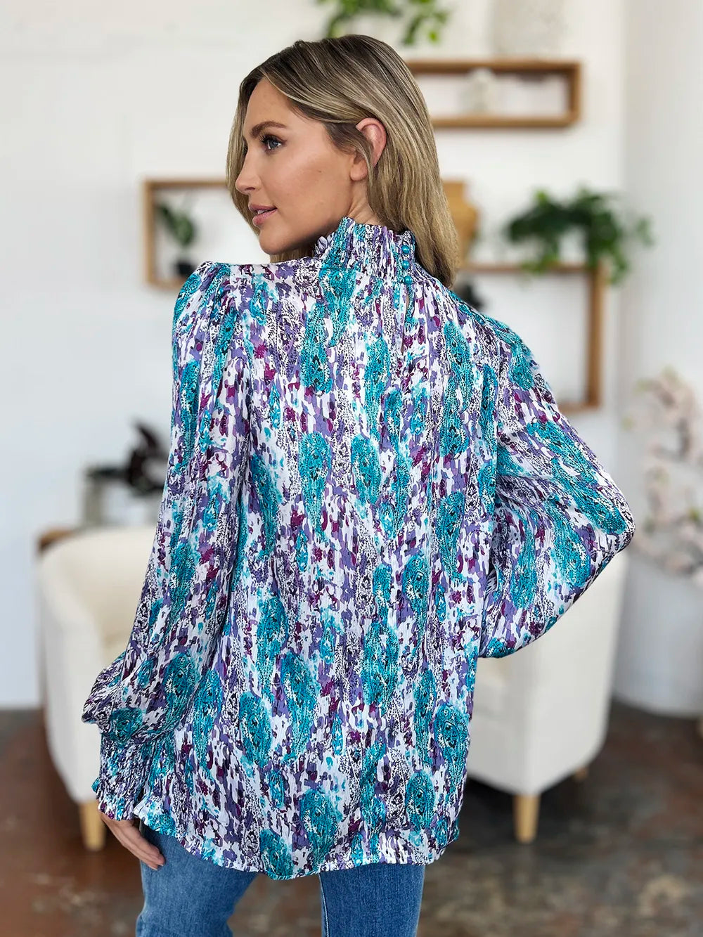 Double Take Full Size Printed Smocked Long Sleeve Blouse - Lilixa.store
