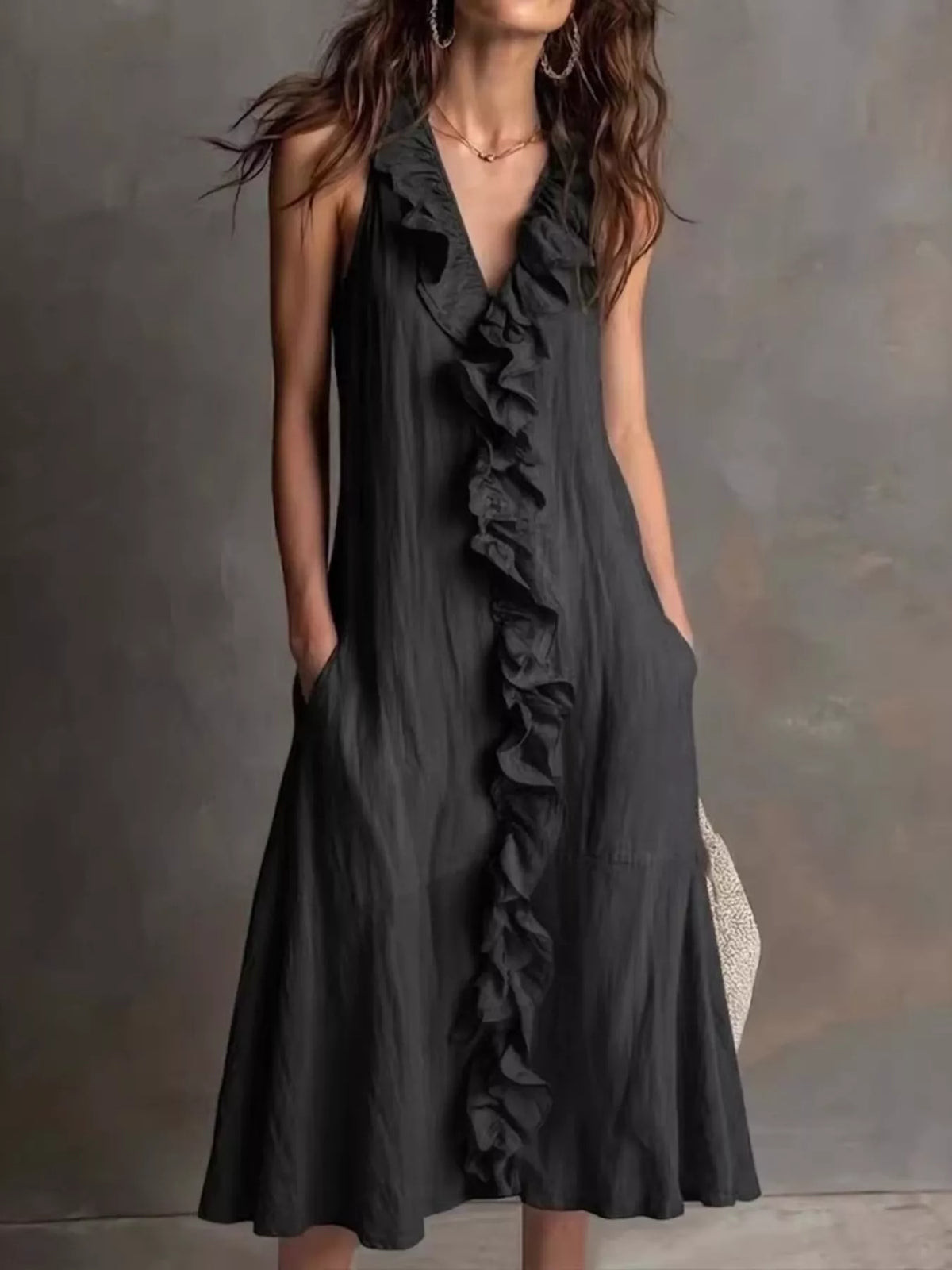 Sleeveless Ruffle Trim V-Neck Midi Dress in Black