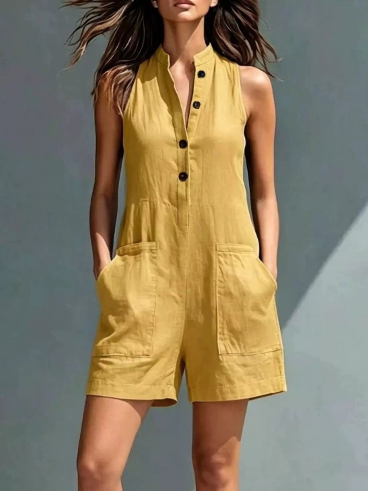 Full Size Sleeveless Button-Front Romper with Pockets Plus Size - Lilixa.store