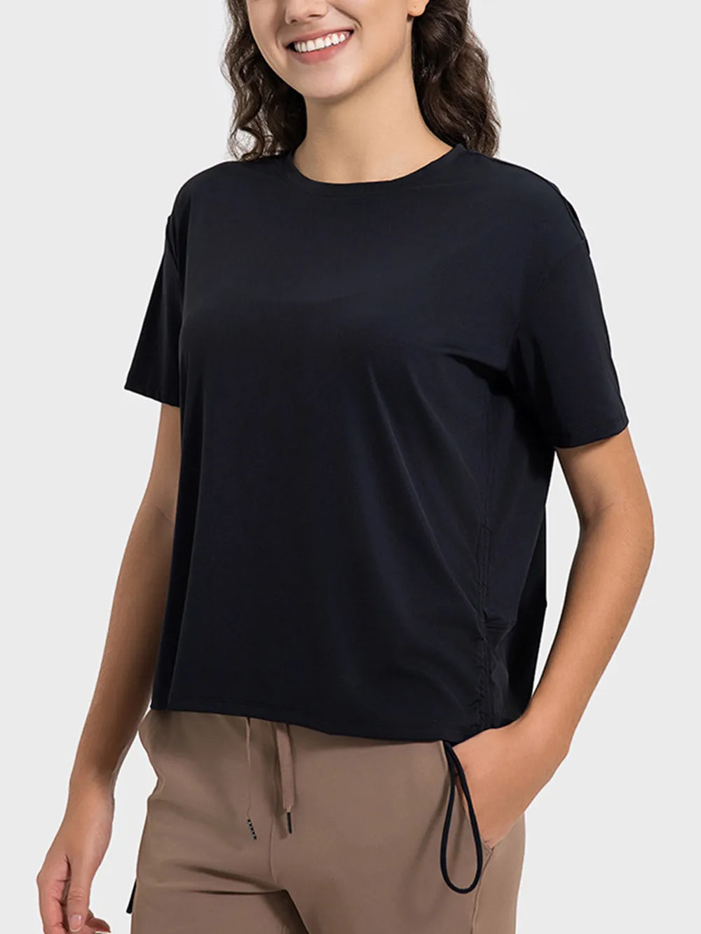 Millennia Drawstring Round Neck Short Sleeve Active T-Shirt - Lilixa.store