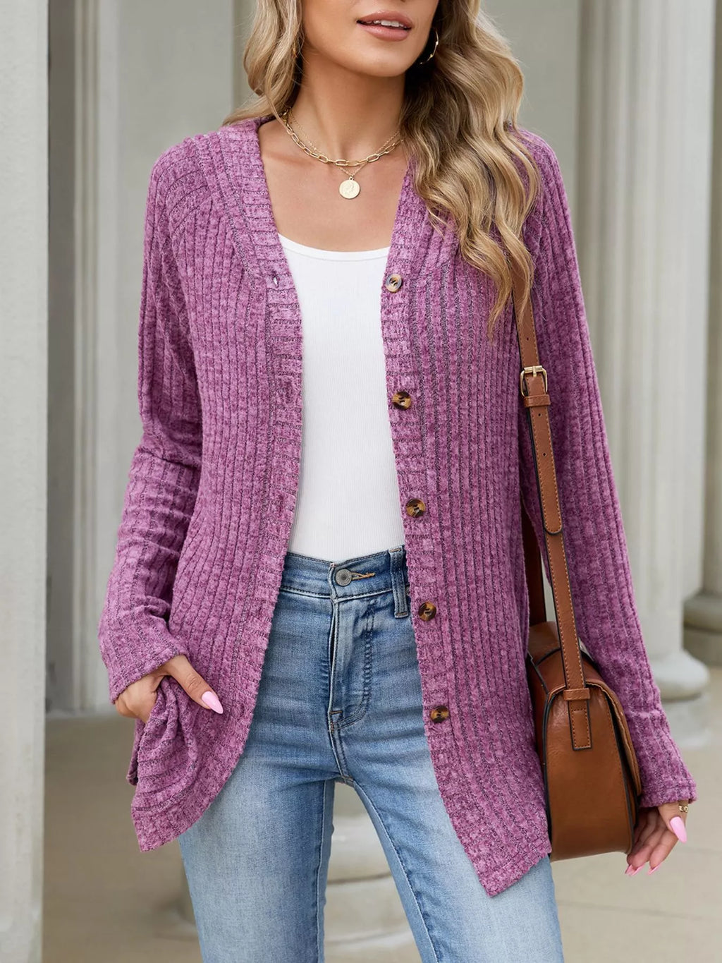 Ribbed Knit Hooded Button-Down Cardigan - Lilixa.store