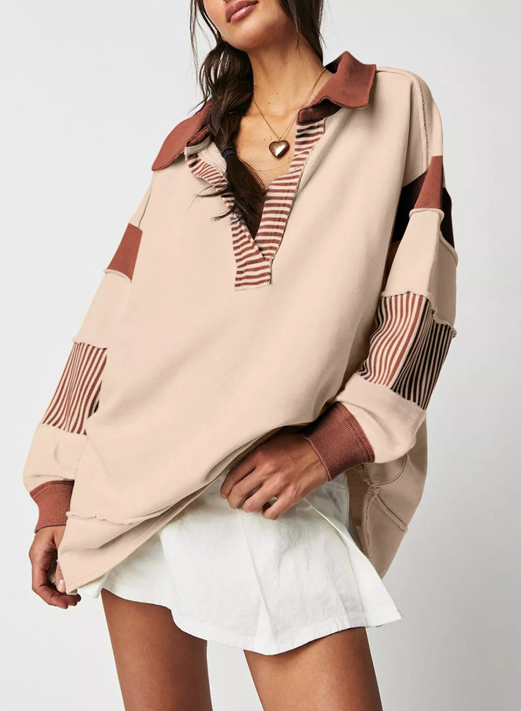 Color Block Striped Johnny Collar Sweatshirt - Lilixa.store