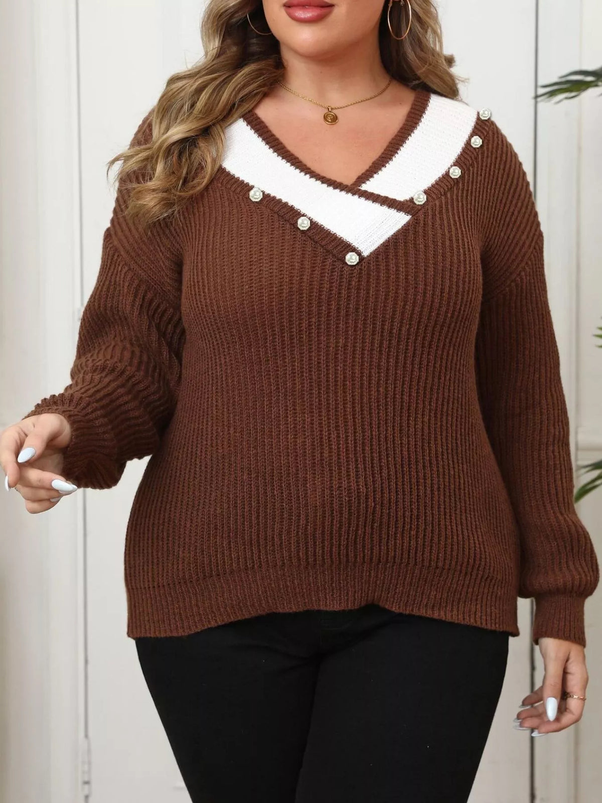 Plus Size Contrast Trim Button-Decorated Sweater - Lilixa.store