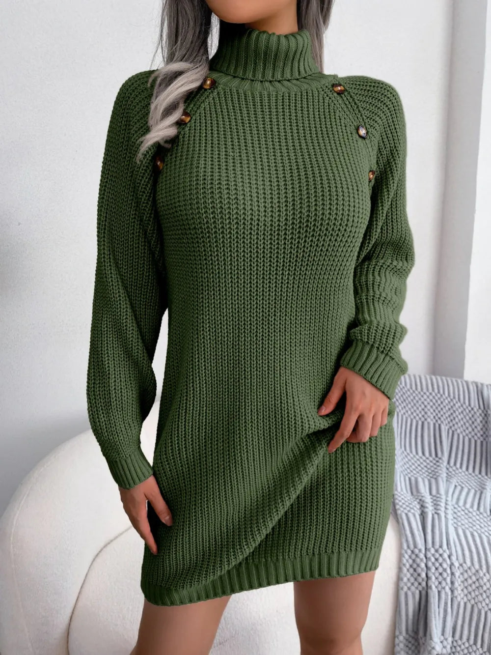 Decorative Button Turtleneck Sweater Dress in Dark Green