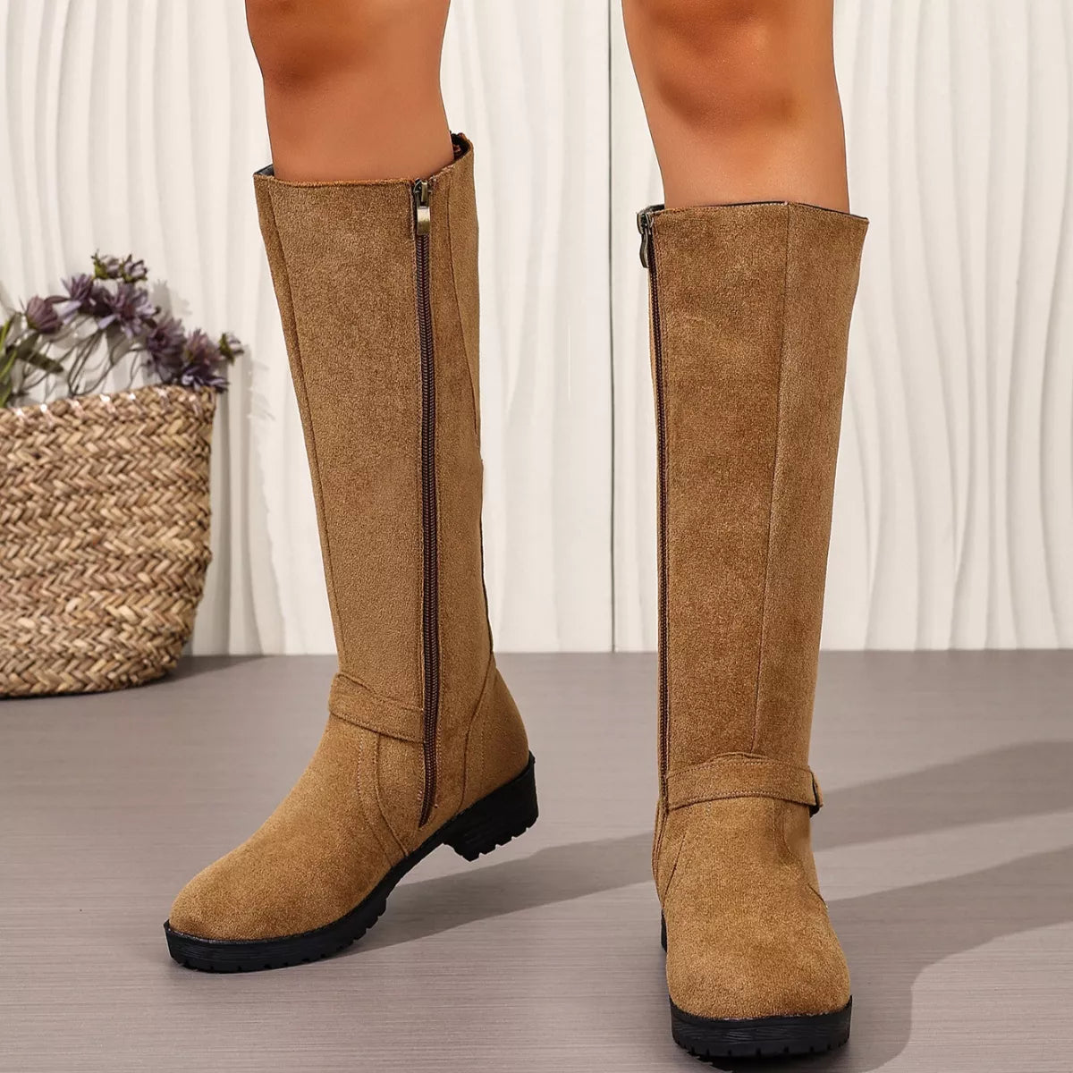 Knee-High Suede Buckle Accent Boots - Lilixa.store