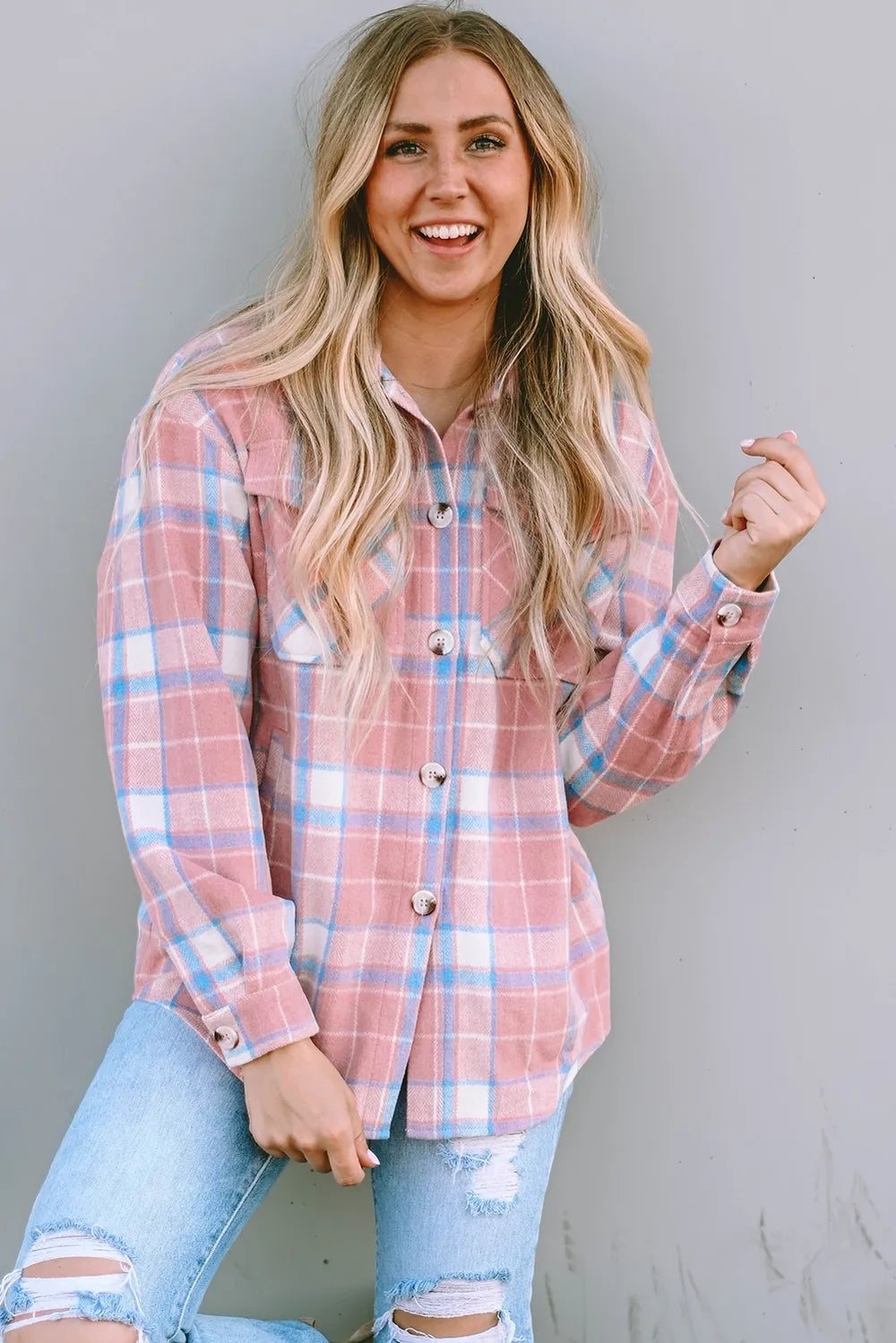 Plaid Pocketed Collared Neck Button Up Jacket in Blush Pink, view 3