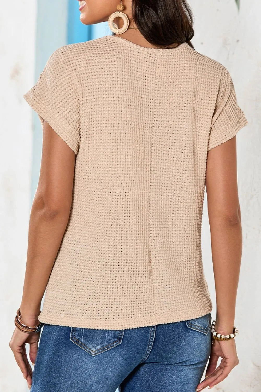 Lace Patchwork Waffle Short Sleeve Knit Top - Lilixa.store