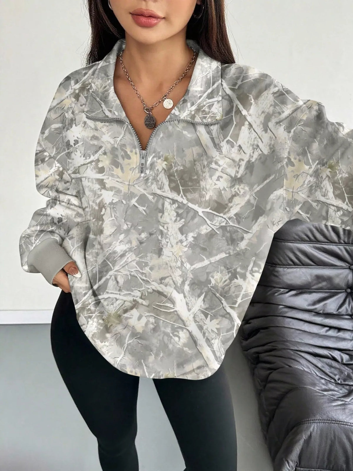 Quarter-Zip Printed Sweatshirt with Ribbed Cuffs - Lilixa.store