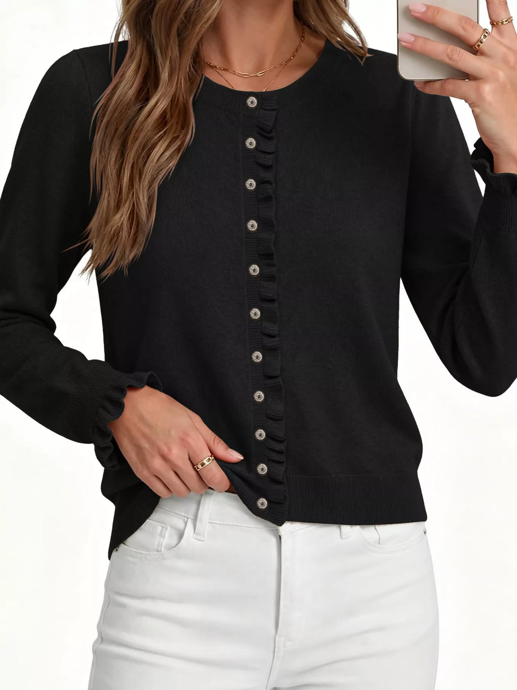 Ruffle-Trimmed Button-Down Knit Cardigan - Lilixa.store