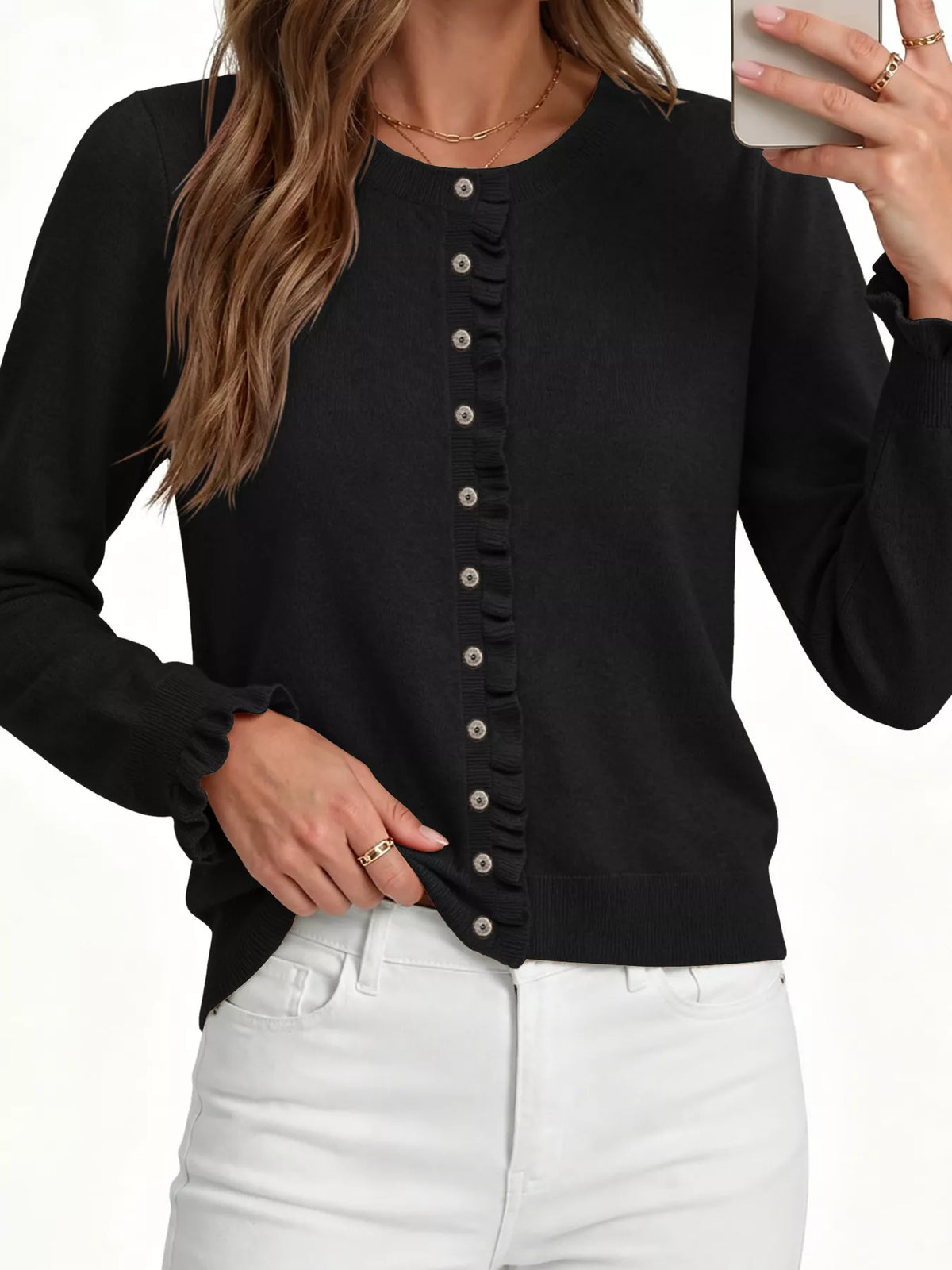 Ruffle-Trimmed Button-Down Knit Cardigan - Lilixa.store