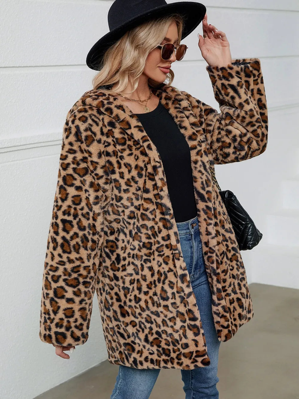 Fuzzy Leopard Hooded Long Sleeve Jacket, view 5