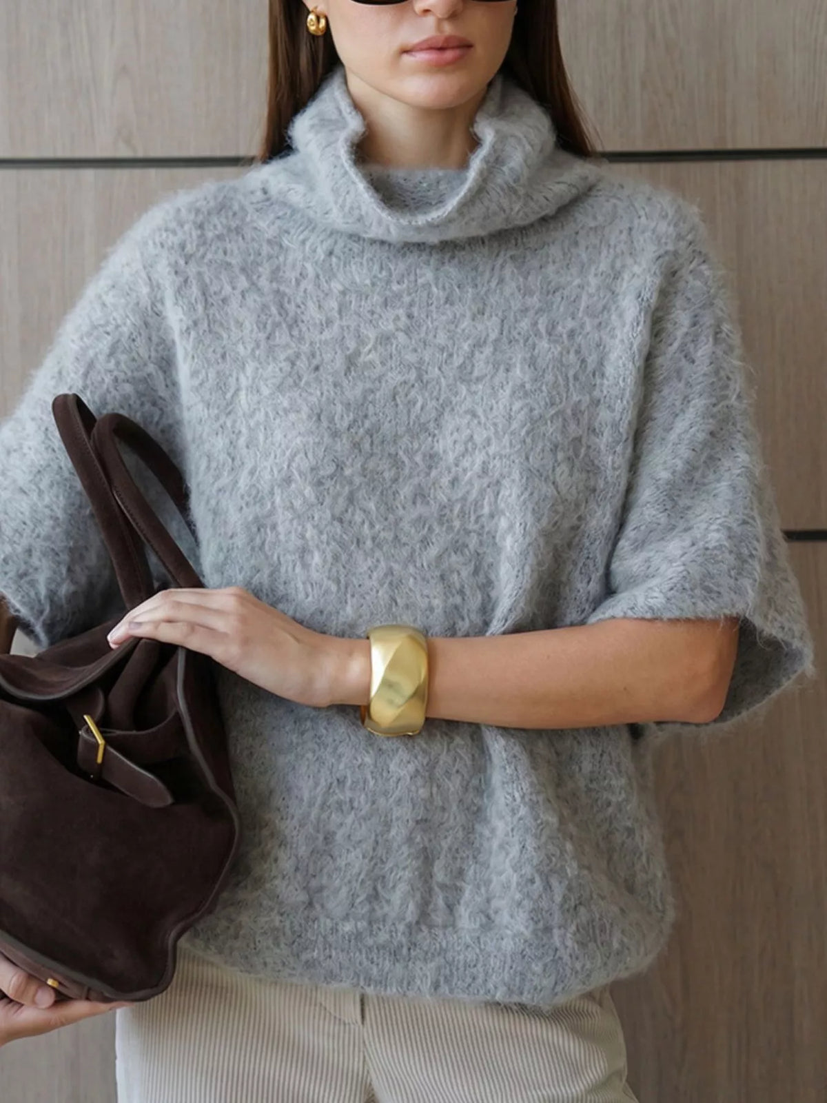 Turtleneck Fuzzy Short Sleeve Sweater, view 14