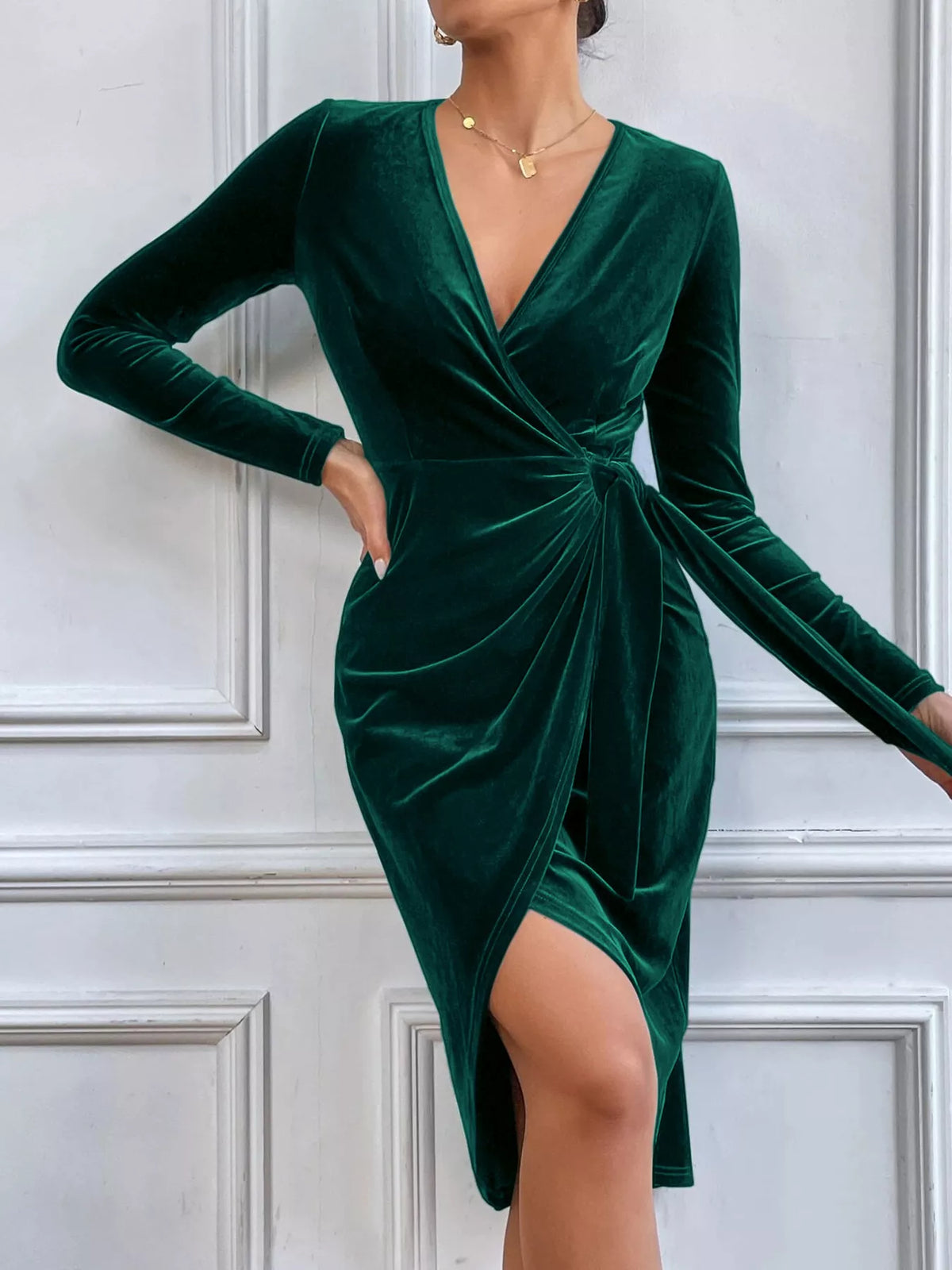 Velvet Wrap Long Sleeve Midi Dress - Lilixa.store
