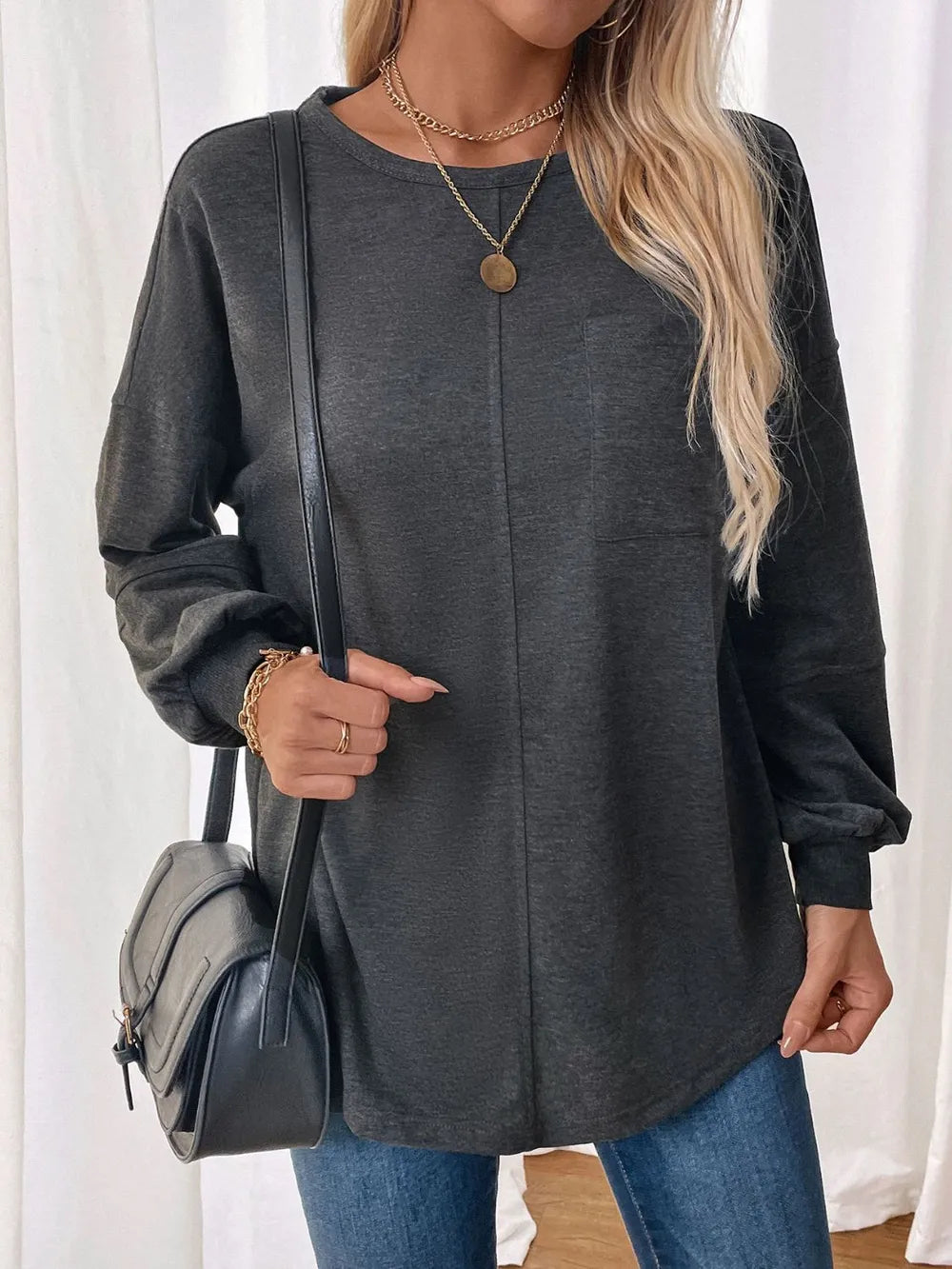 Perfee Pocketed Round Neck Long Sleeve Sweatshirt - Lilixa.store