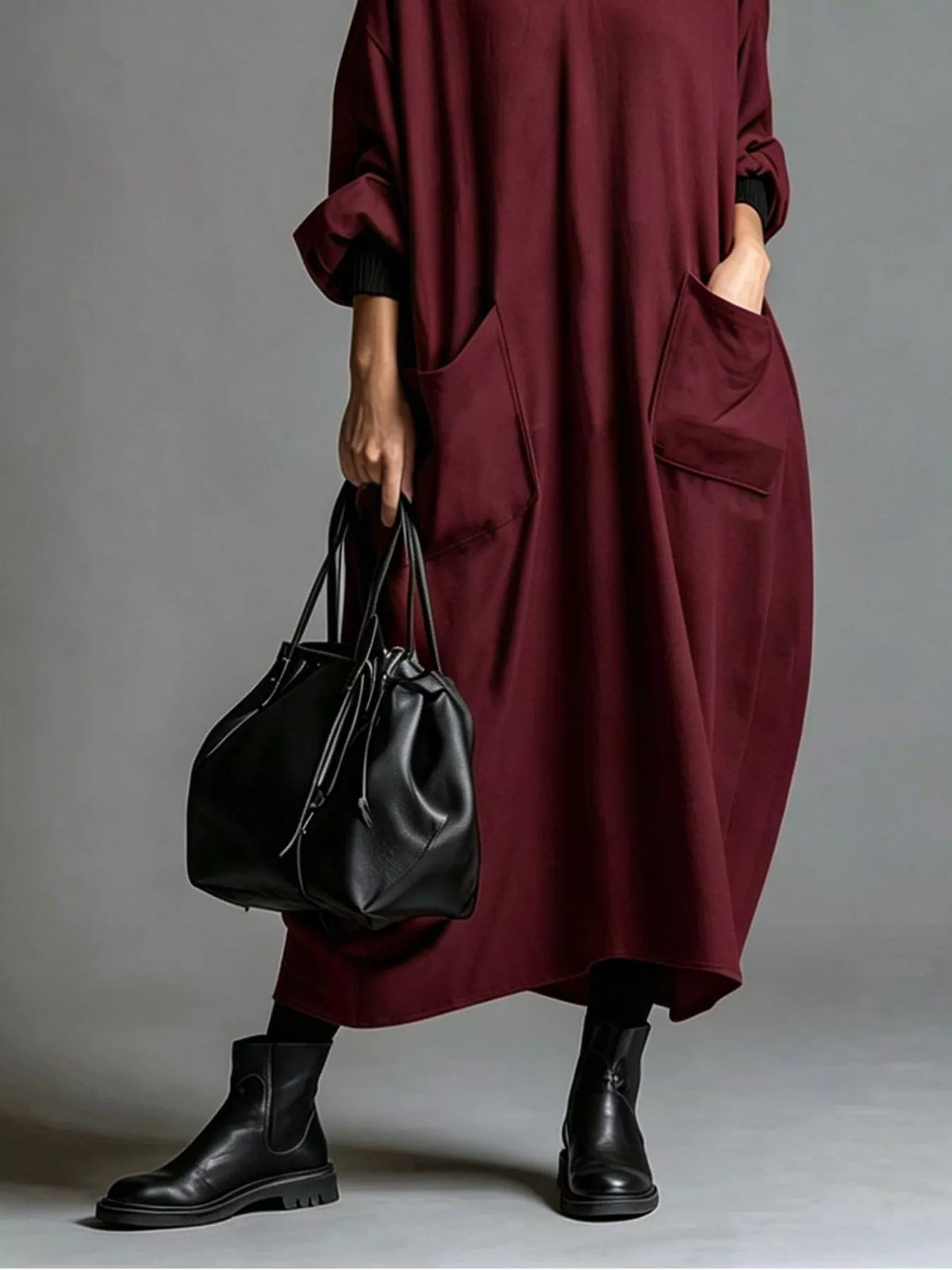 Full Size Loose-Fit Mock Neck Midi Dress with Pockets Plus Size - Lilixa.store