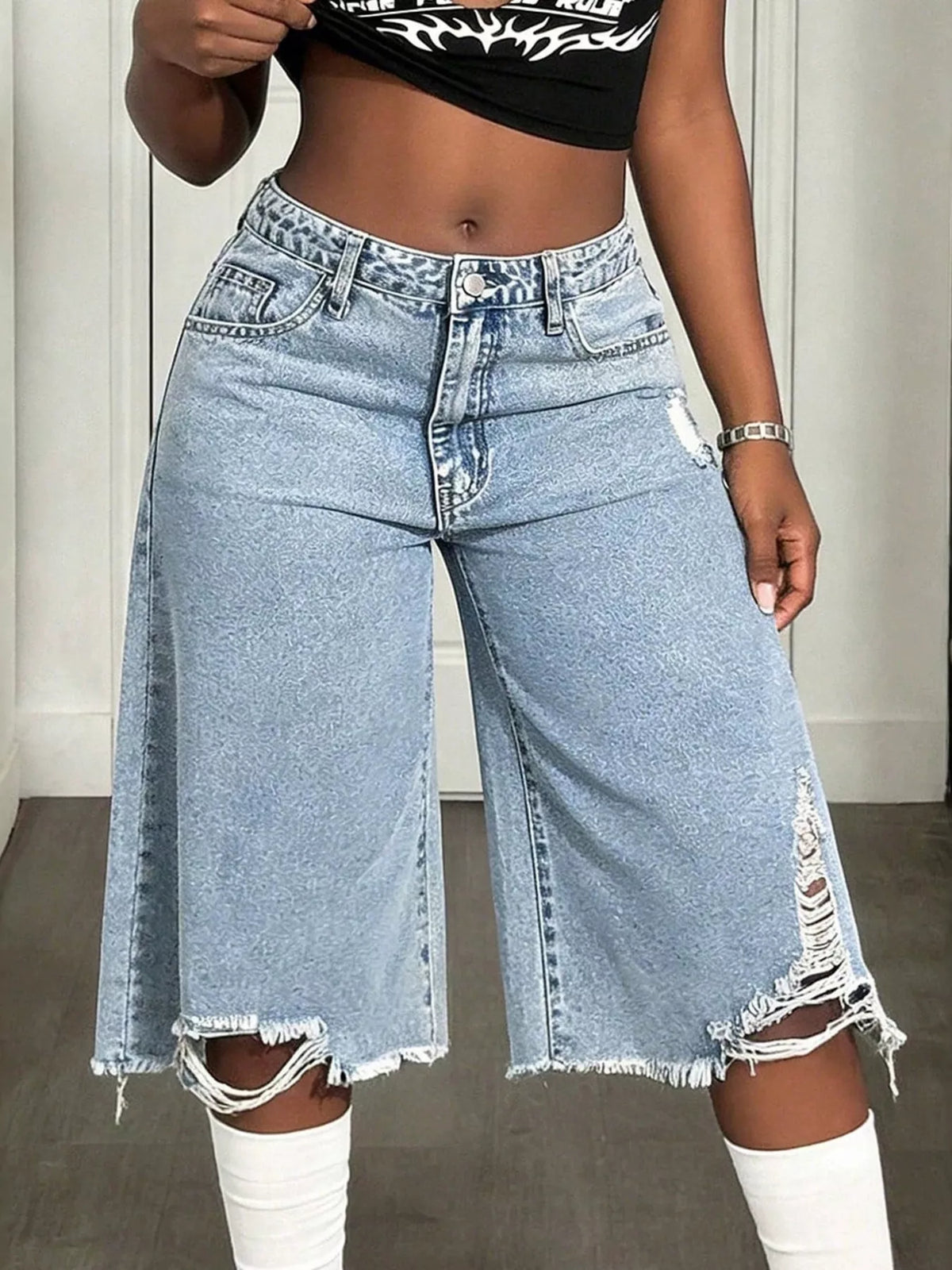 Distressed Wide-Leg Denim Shorts - Lilixa.store