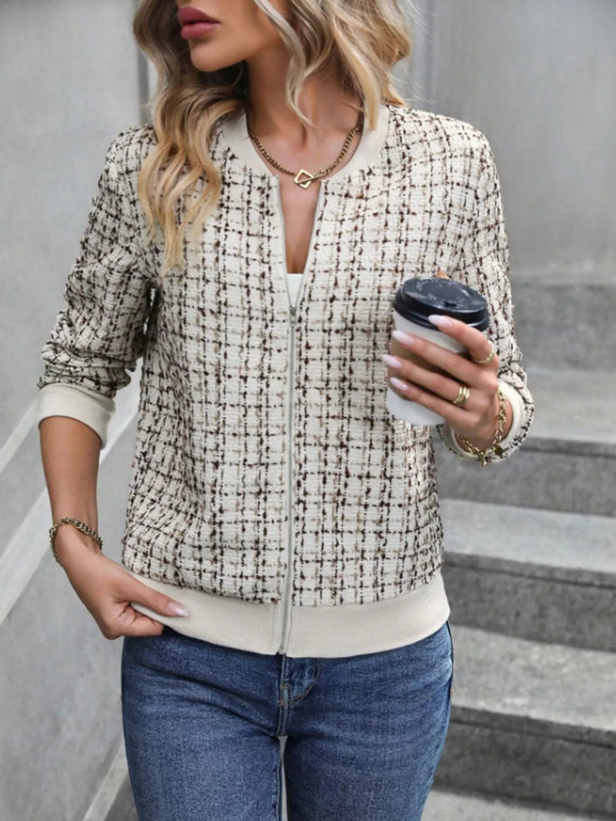 Tweed Zip Up Bomber Jacket in Apricot, view 4