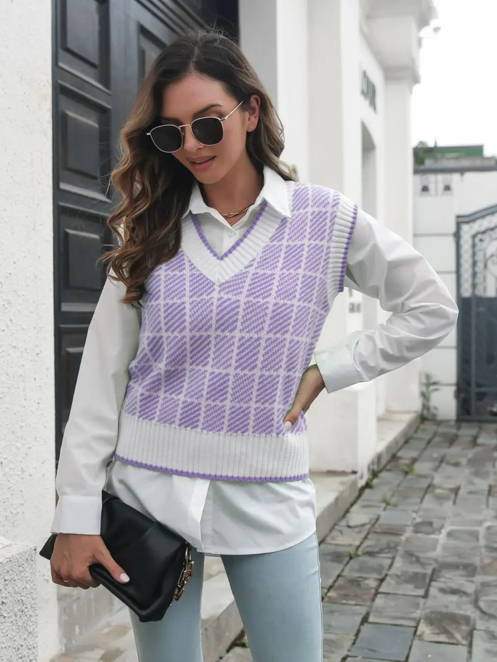 Plaid V-Neck Sweater Vest in Lavender