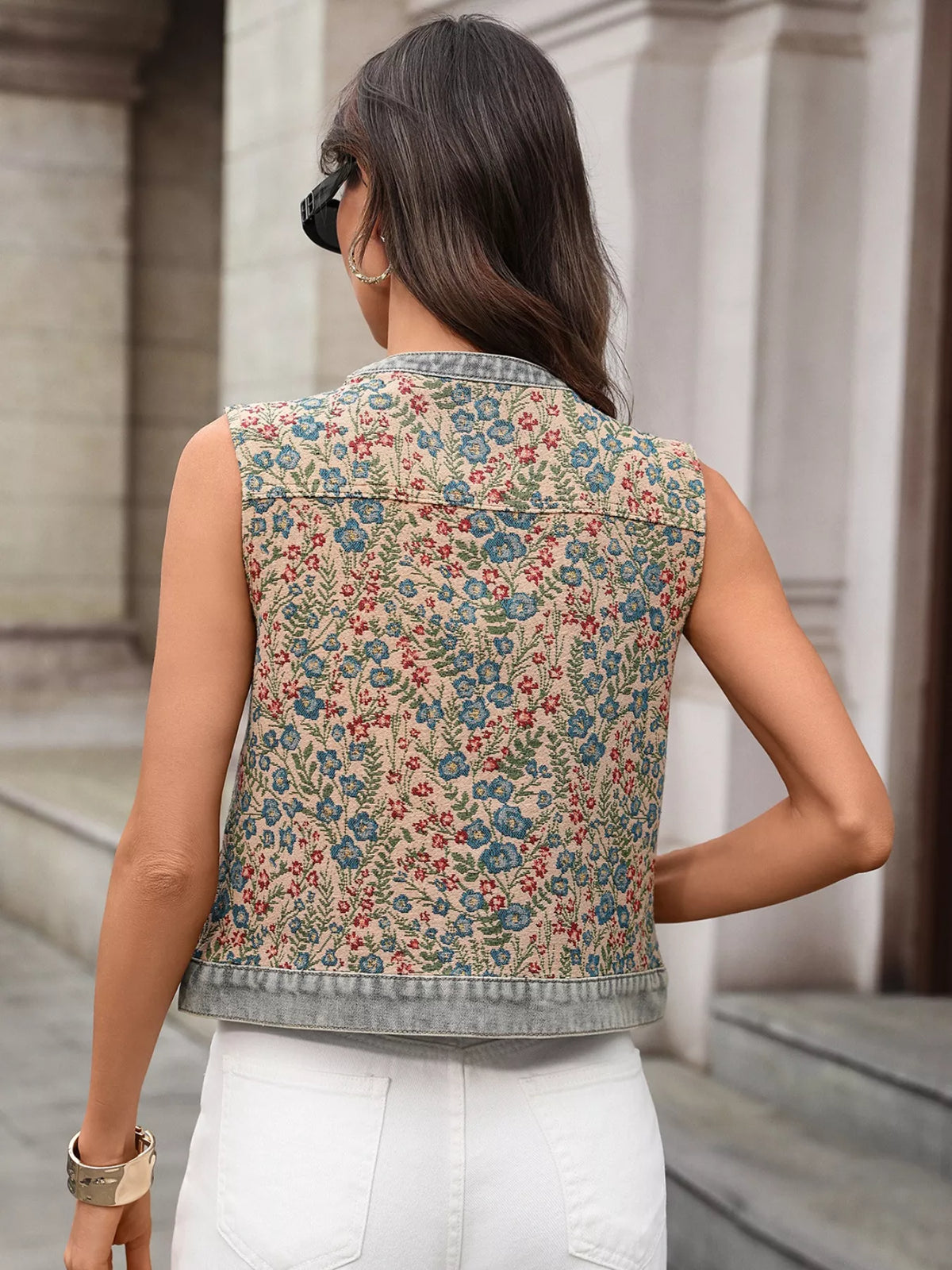 Floral Embroidered Denim Vest Top, view 3