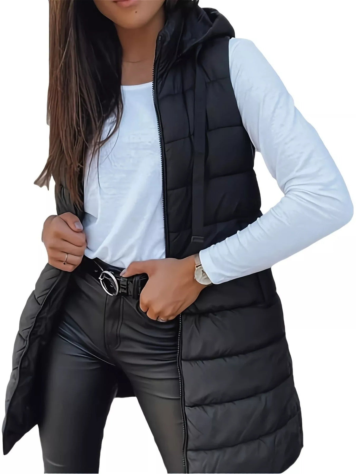Zip Up Longline Hooded Puffer Vest Coat - Lilixa.store
