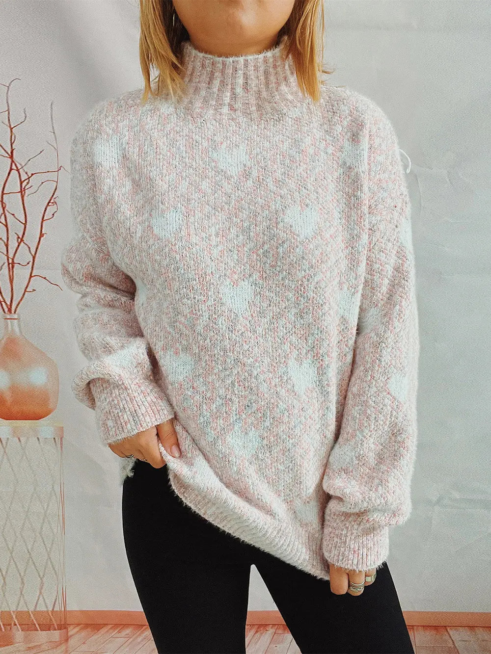 Heart Heathered Turtleneck Drop Shoulder Sweater in Blush Pink