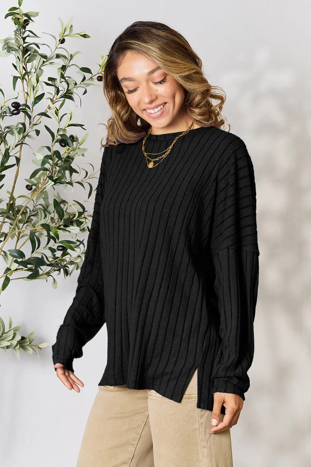 Basic Bae Full Size Ribbed Round Neck Slit Knit Top - Lilixa.store