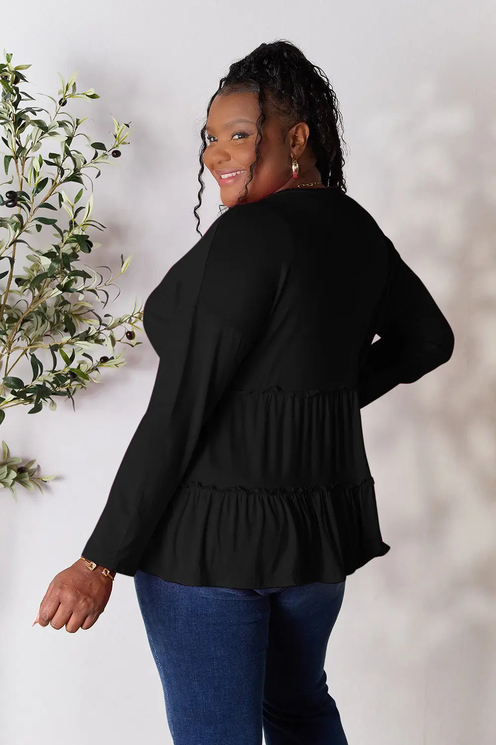 Double Take Half Button Long Sleeve Ruffle Hem Blouse - Lilixa.store