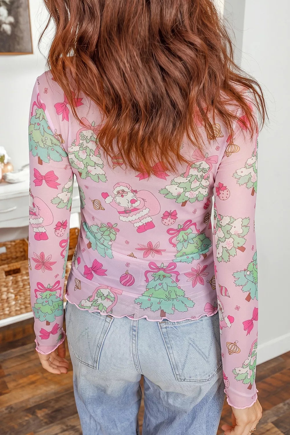 Christmas Print Sheer Mesh Slim Fit Long Sleeve Top in Dusty Pink, view 2