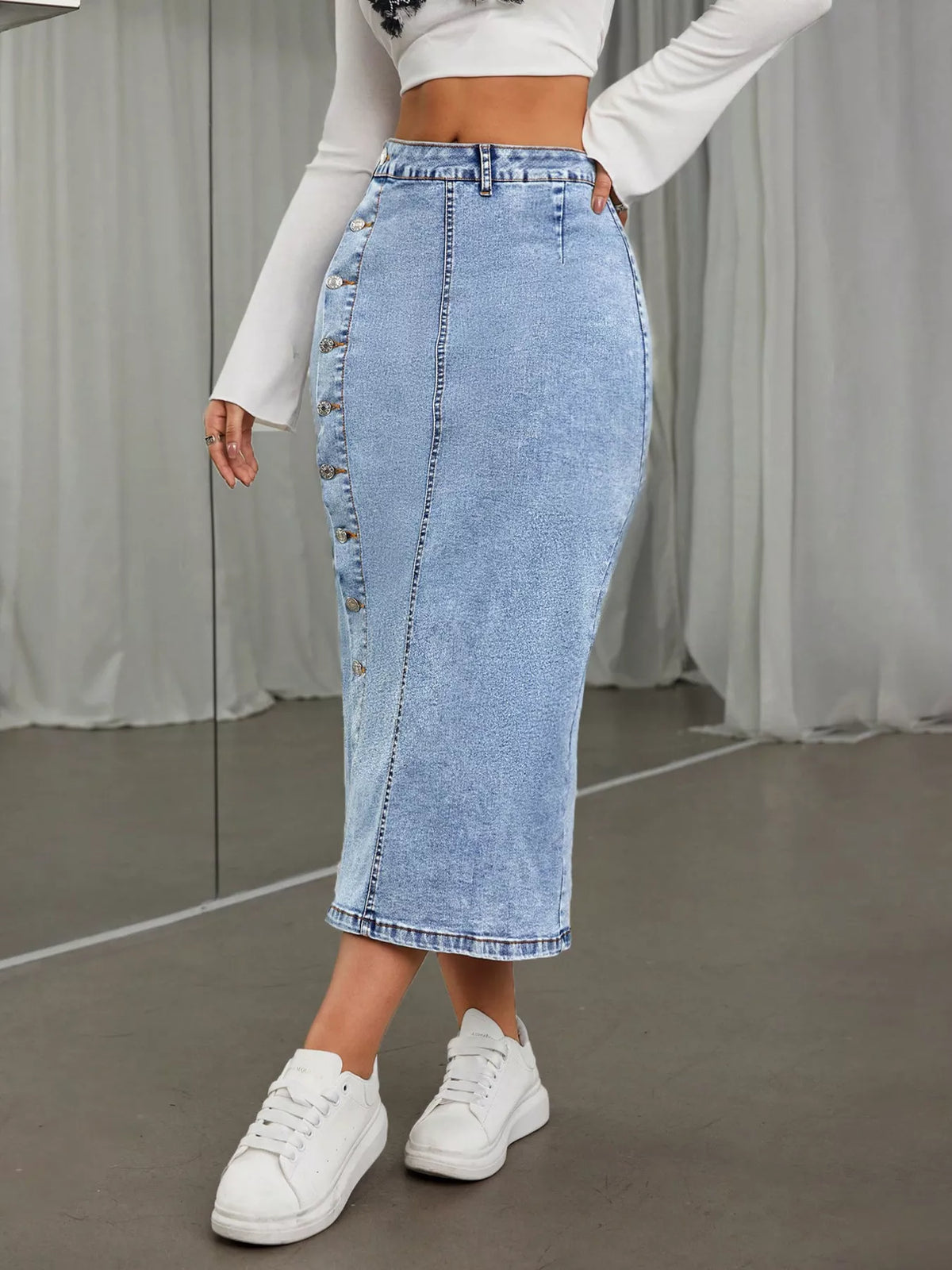 Side Button Slit Denim Midi Skirt - Lilixa.store