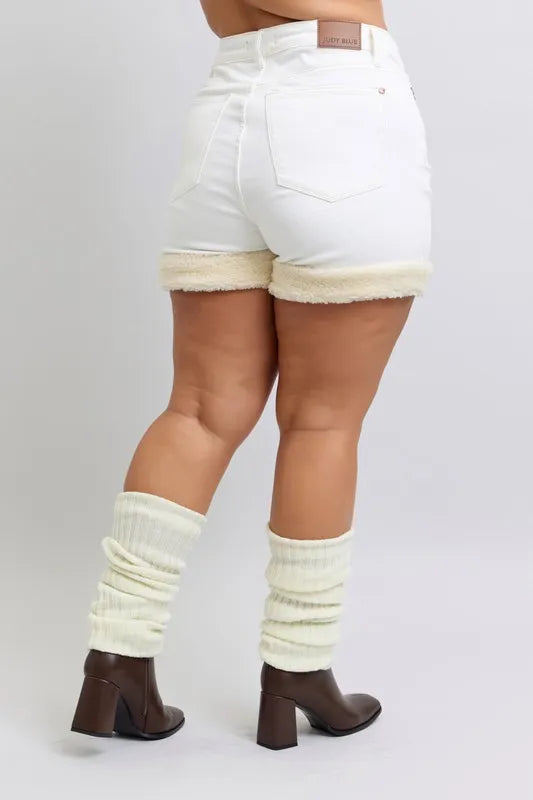 Judy Blue Full Size High Waist Shearling Cuff Denim Shorts Plus Size - Lilixa.store