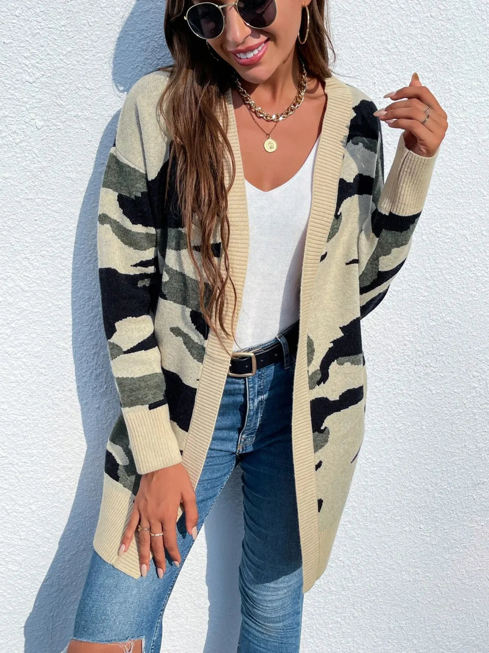 Camouflaged Dropped Shoulder Open Front Cardigan - Lilixa.store