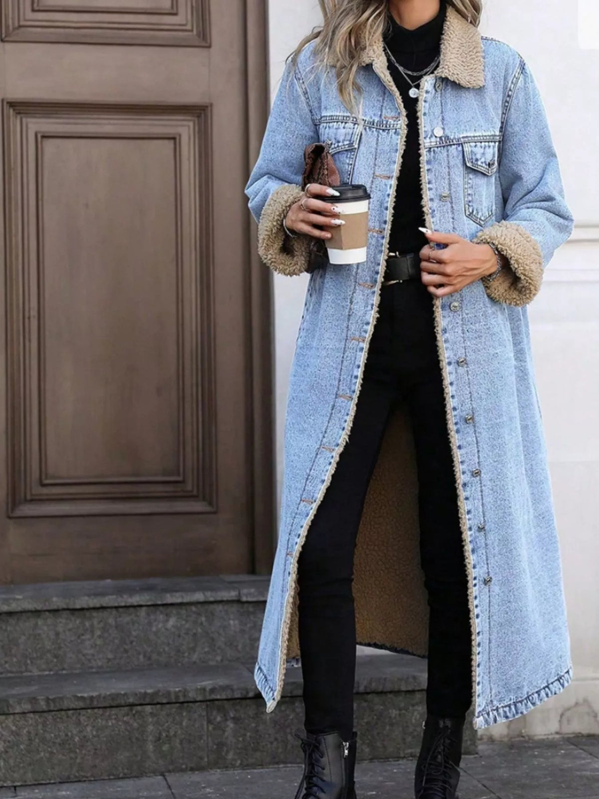 Sherpa Lined Longline Denim Jacket in Light Blue