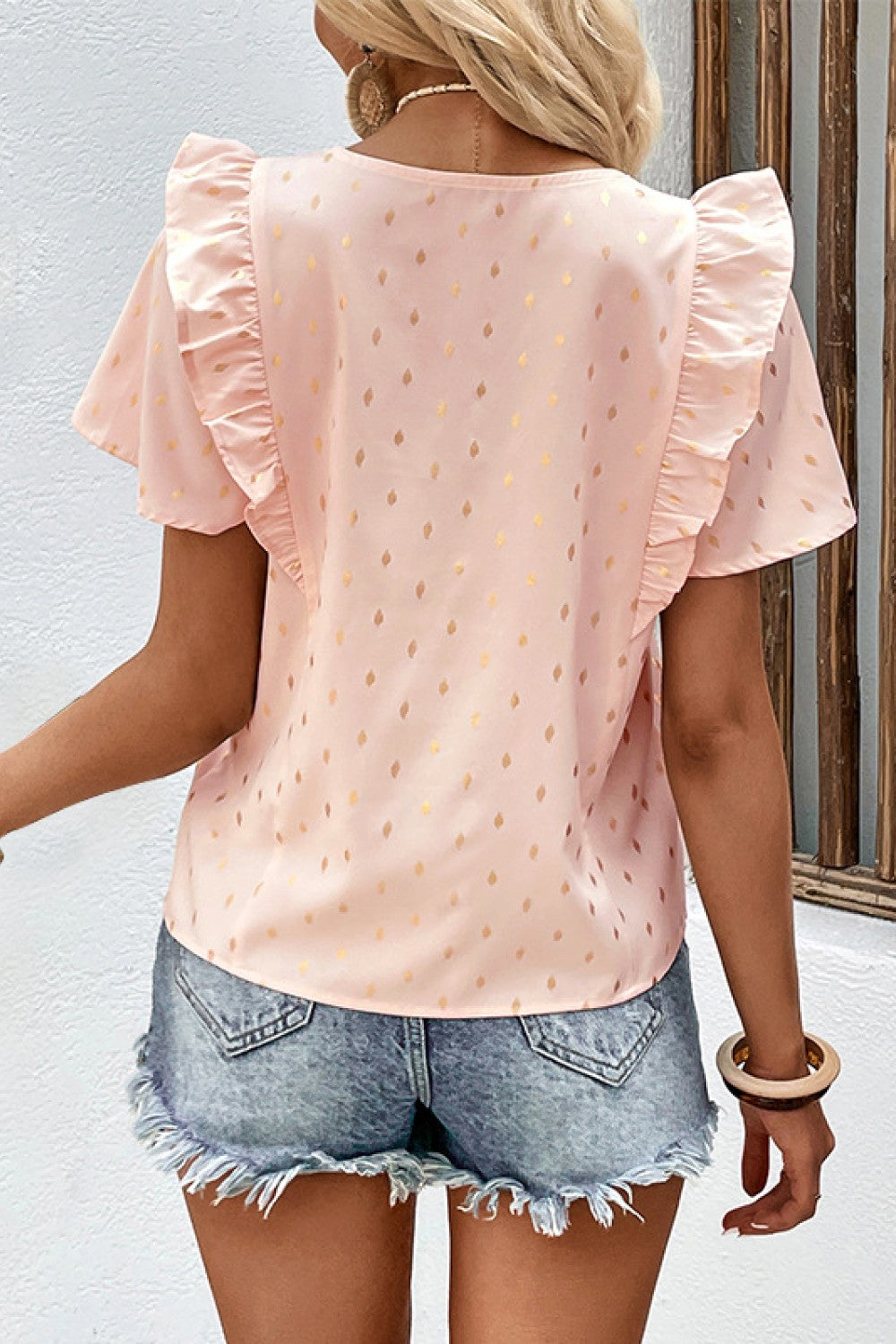 Perfee Printed Ruffle Trim Pleated Detail Blouse in Watermelon pink, view 2