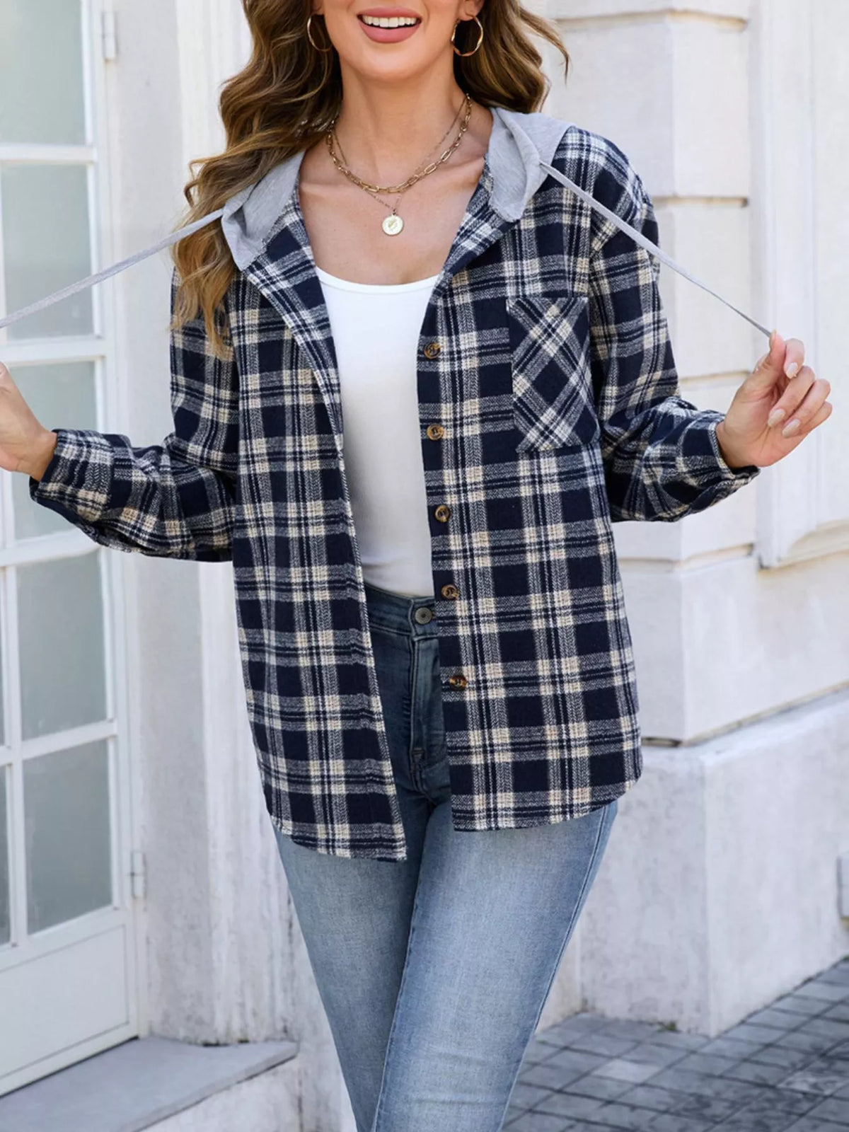 Hooded Plaid Button-Up Shacket in Navy