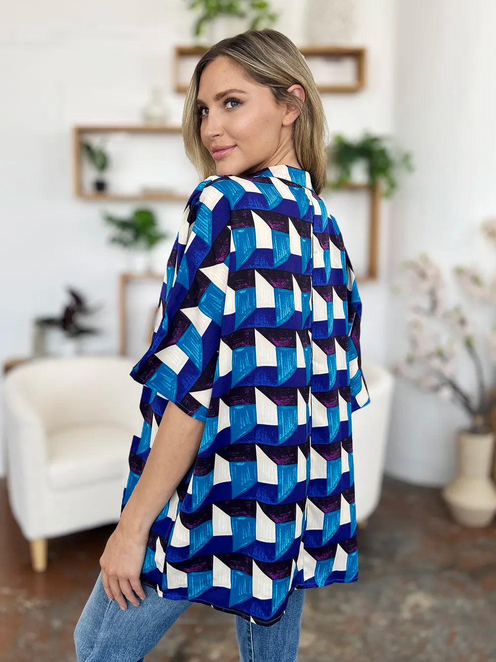 Double Take Full Size Geometric Notched Half Sleeve Blouse - Lilixa.store