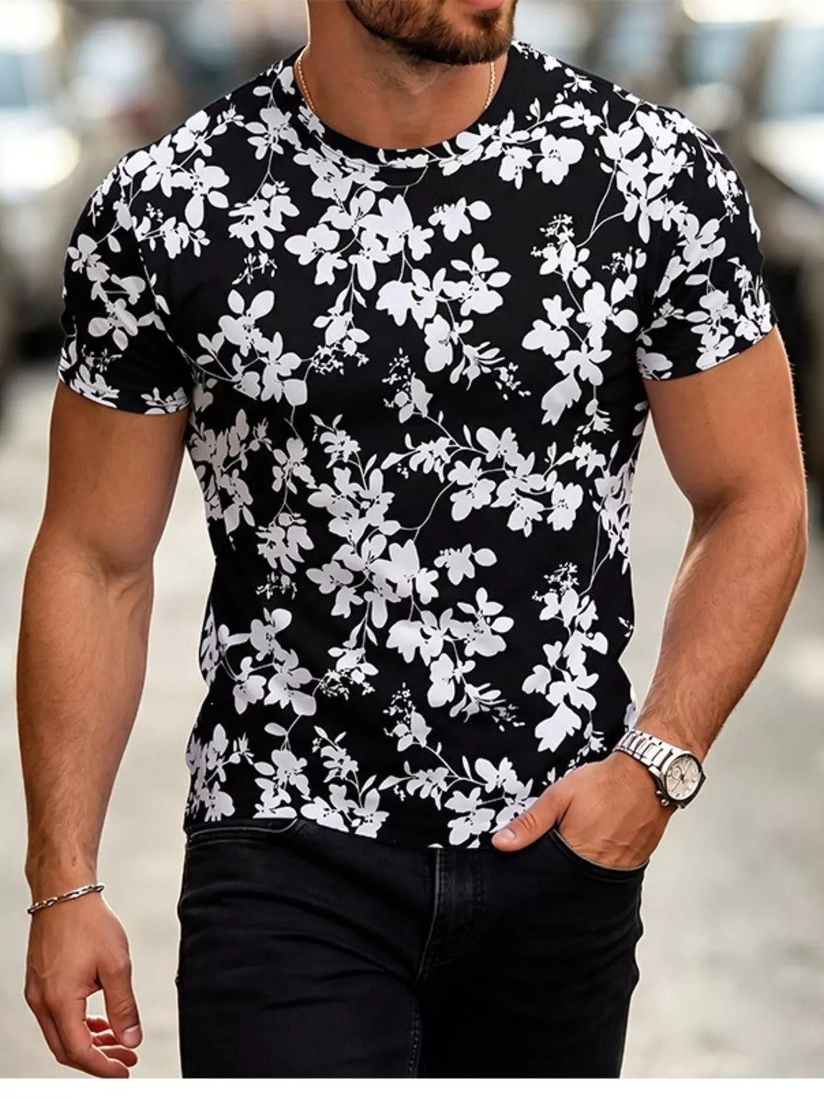 Men's Plus Size Floral Print Slim Fit T-Shirt - Lilixa.store