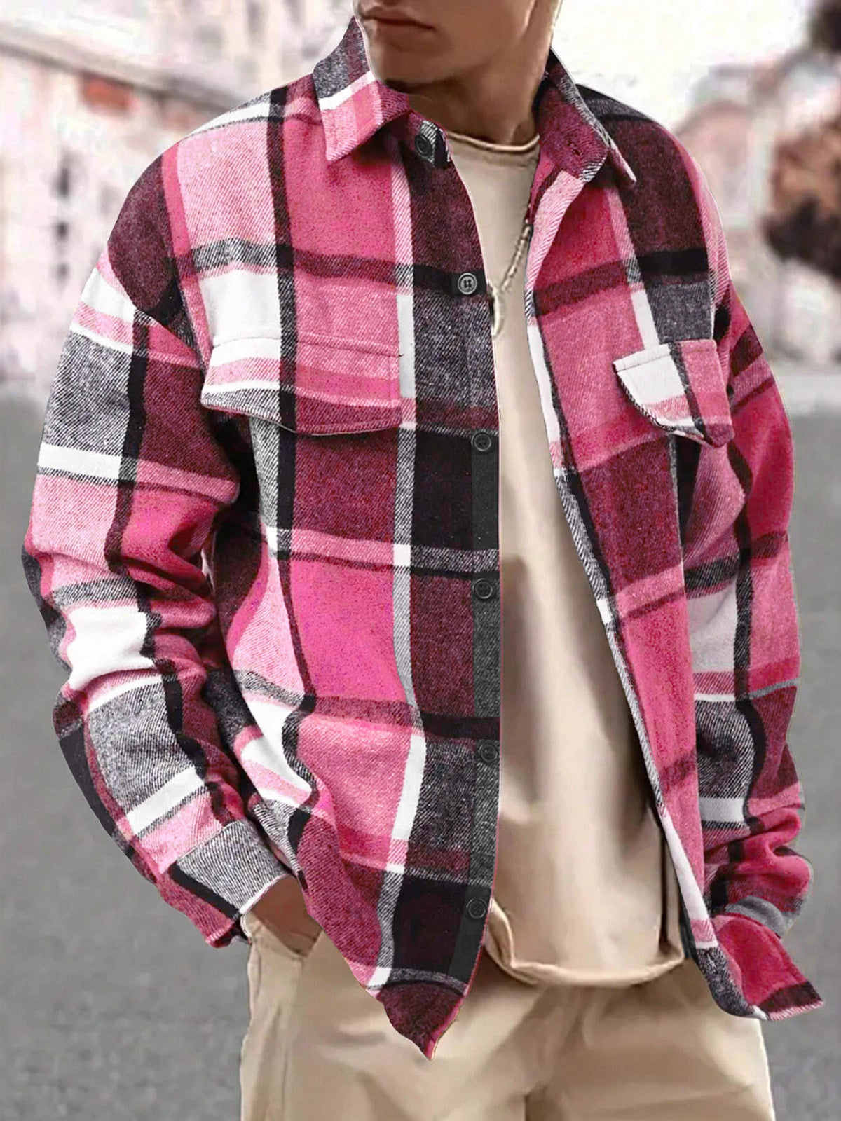 Men's Full Size Casual Plaid Button Up Shirt with Dual Chest Pockets Plus Size