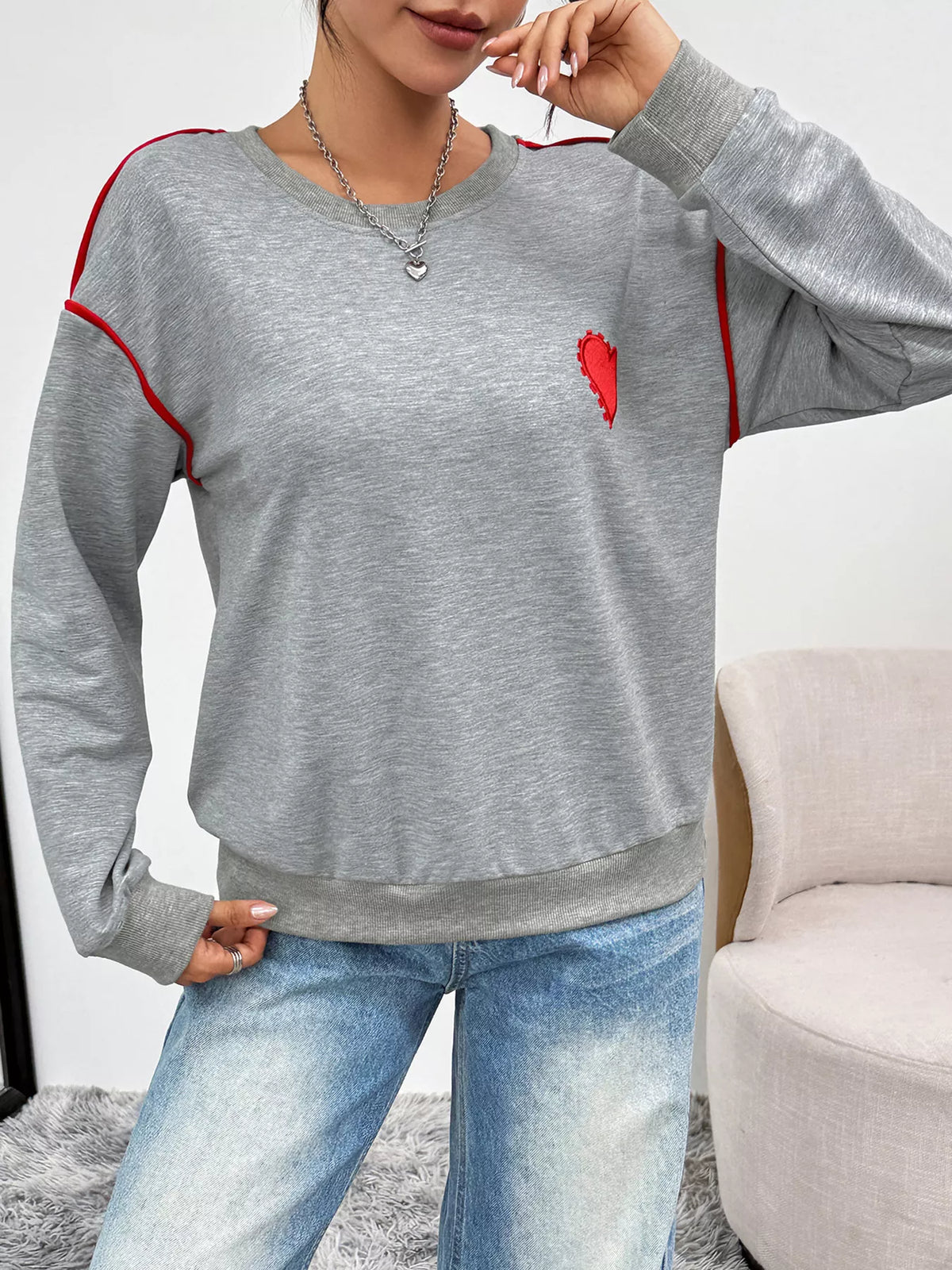 Heart Embroidered Round Neck Sweatshirt - Lilixa.store