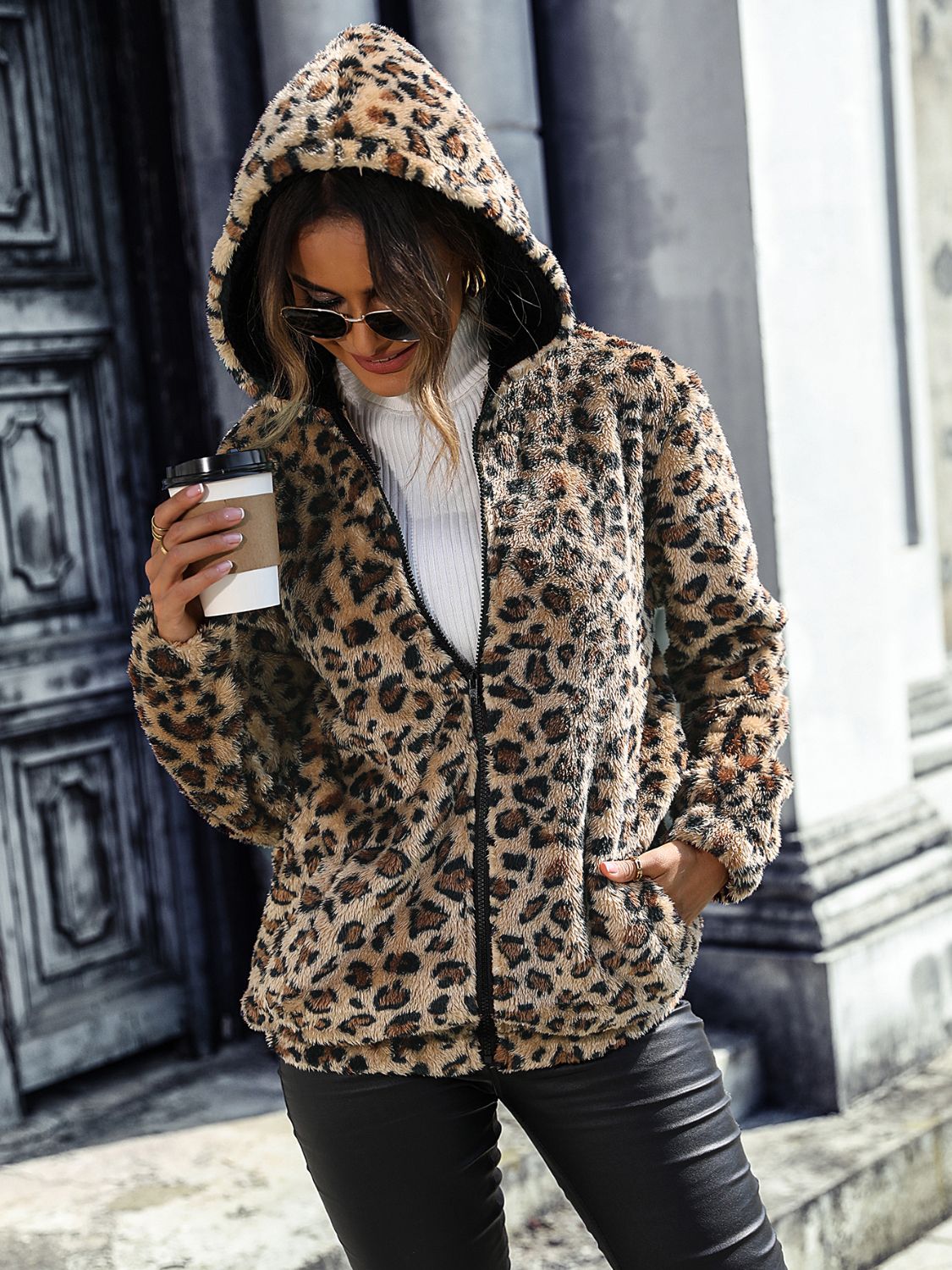 Leopard Zip-Up Hooded Jacket in Camel